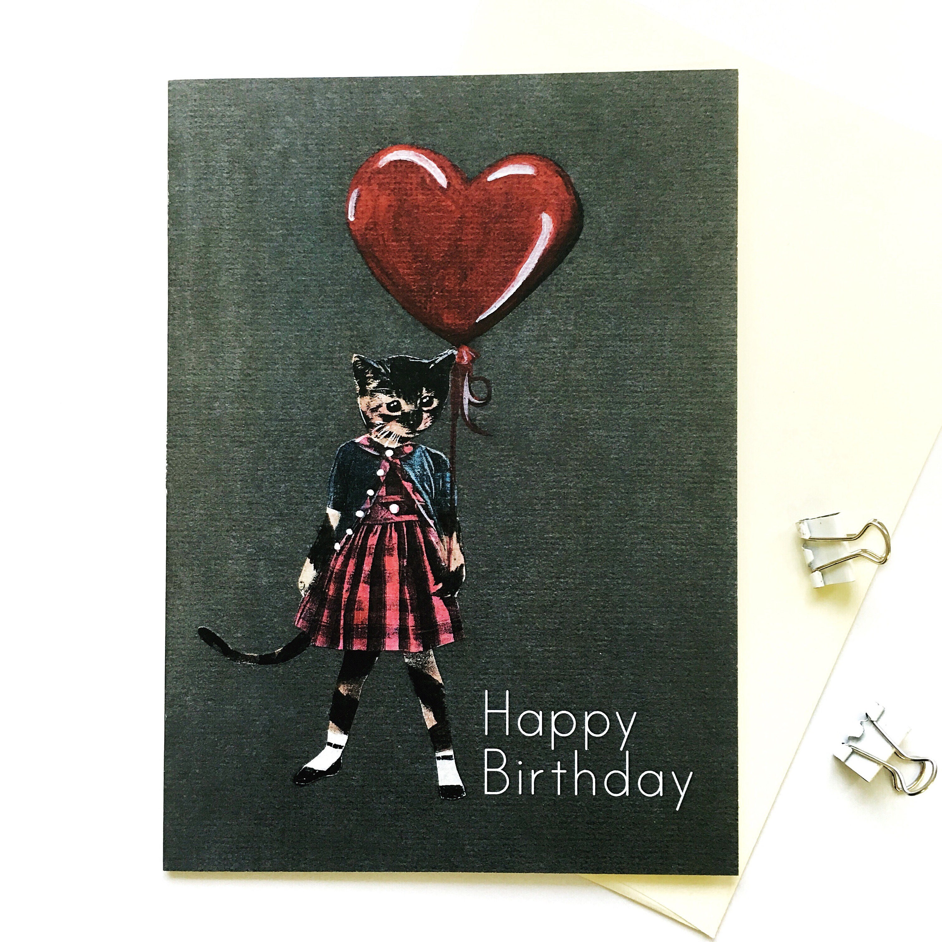 Happy Birthday Cat Card, Heart Shaped Balloon, Quirky Cats Cards, Dressed Up Kitty, Little Girl  Retro Cat Art, Weird Cards Stationery Love