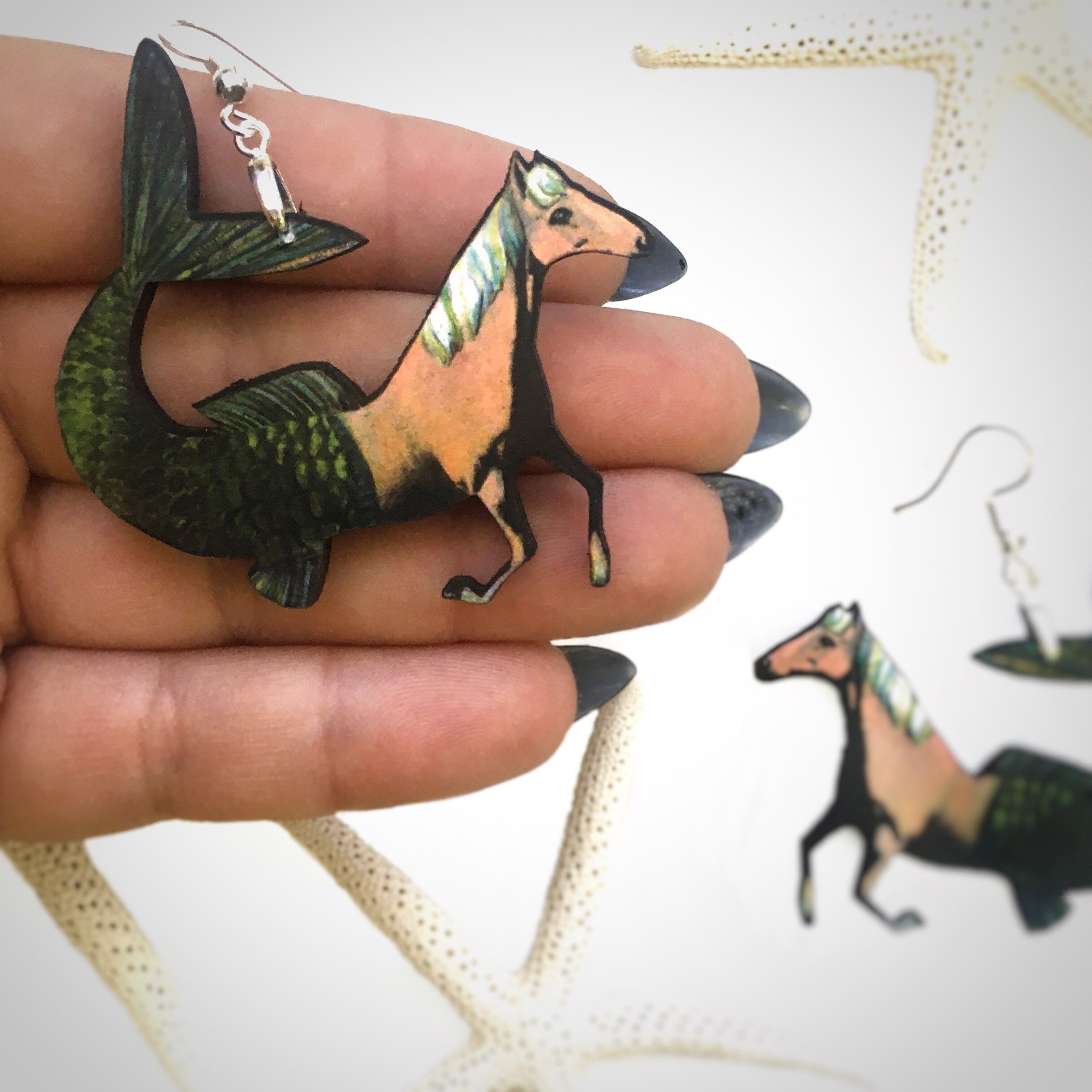 Fantasy Horse Earrings, Mermaid Horse Jewelry, Weird Earrings, Kitsch Clip On Earrings, Surreal Illustrated Retro Art, Vintage Horse Girl - Thumbnail 4