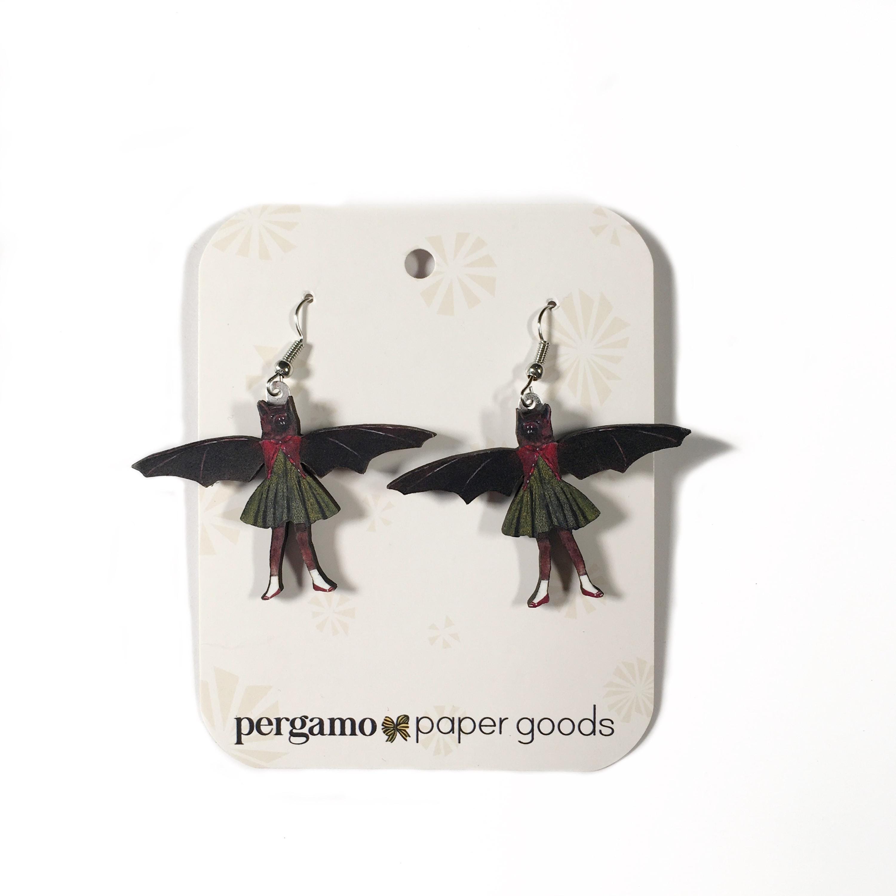 Bat Earrings, Weird Lightweight Wood Jewelry, Surgical Steel Dangle Clip On Illustrated Dressed Up Bat, Goth Earrings - Thumbnail 2