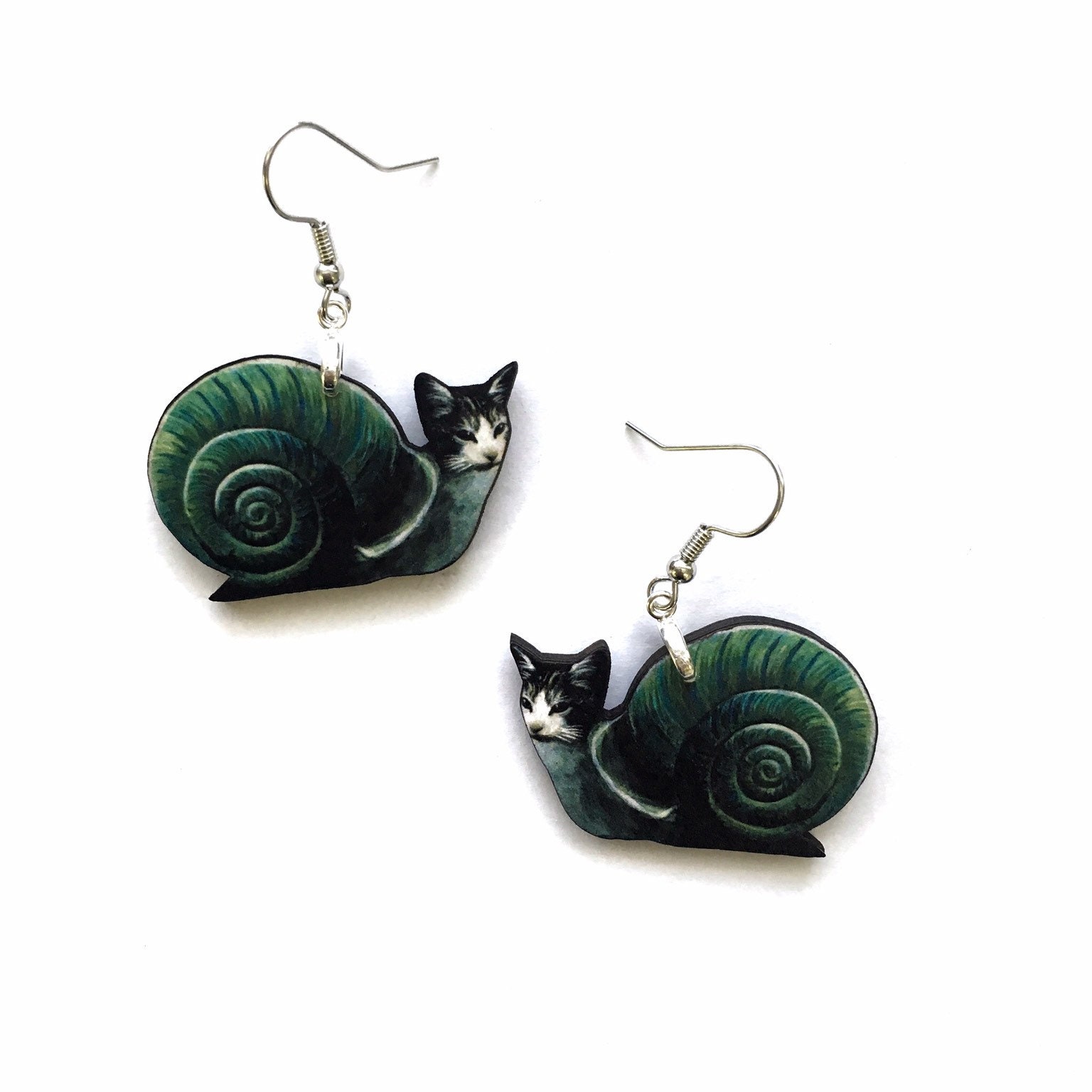 Weird Cat Earrings, Snail Jewelry, Kitschy Cat Lover Gifts, Funny Jewelry, Kitsch Cat Mom Gift, Illustrated Laser Cut Wood, Clip Ons Cats - Thumbnail 4
