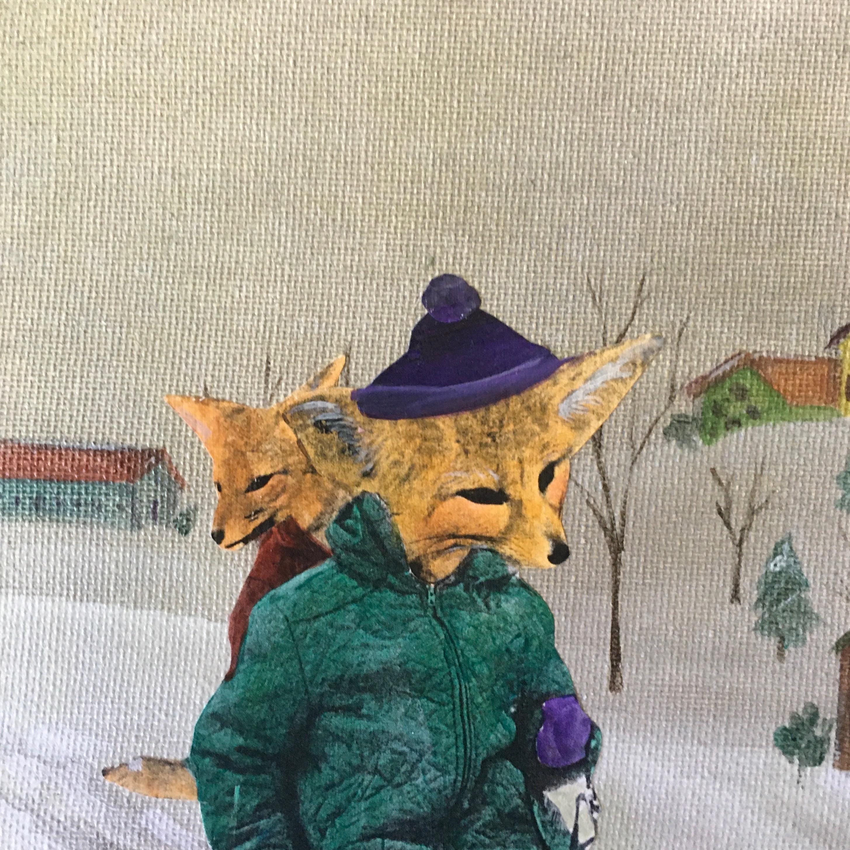 Sled Foxes Art, Vintage Animal Mixed Media Painting, Strange and Unusual Collage, Kitschy Cute Inspired Wall Art, Kitsch Winter Sledding - Thumbnail 3