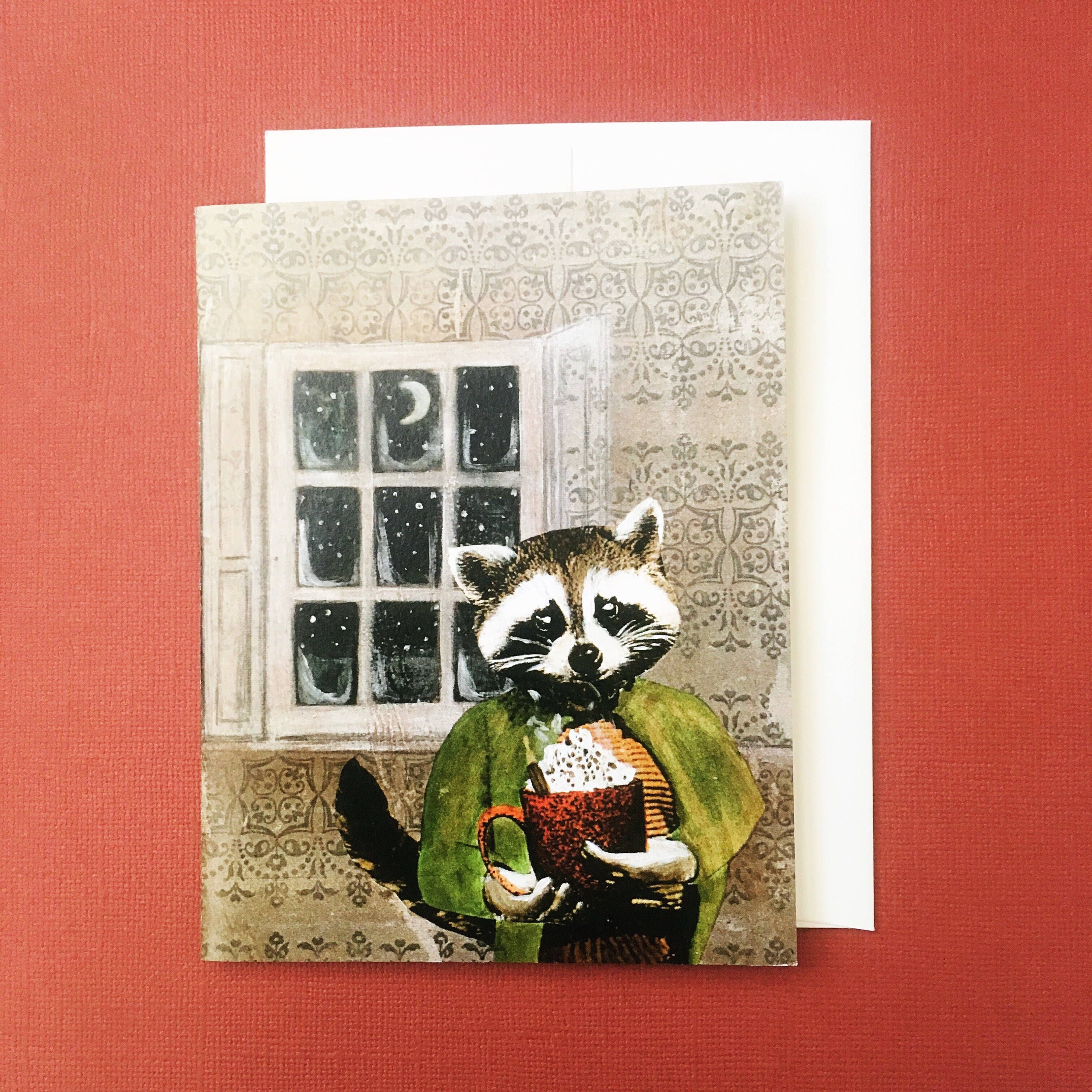 Autumn Fall Card or Card Set, Raccoon Cards, Quirky Hot Cocoa Animal Retro Holiday Card, Surreal Vintage Christmas, Weird Art Wholesale cute - Thumbnail 5