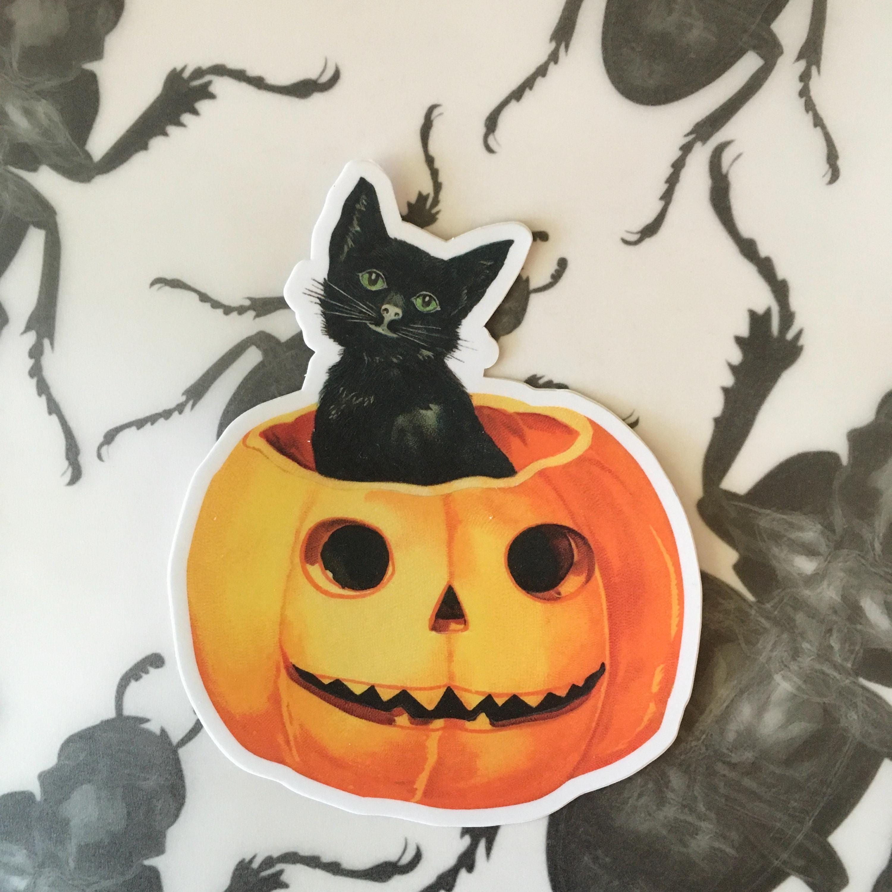 Pumpkin Black Cat Vinyl Sticker, Vintage Halloween Vinyl Stickers, Creepy Scary Cool, Laptop Decals Decal Antique Retro Mix and Match - Thumbnail 3