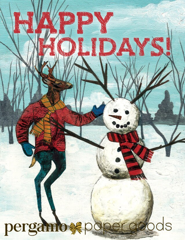 Holiday Deer Cards or Card Set, Happy Holidays Funny Snowman, Retro Unique Christmas Stationery, Rustic Weird Art Illustrated Wholesale - Thumbnail 2
