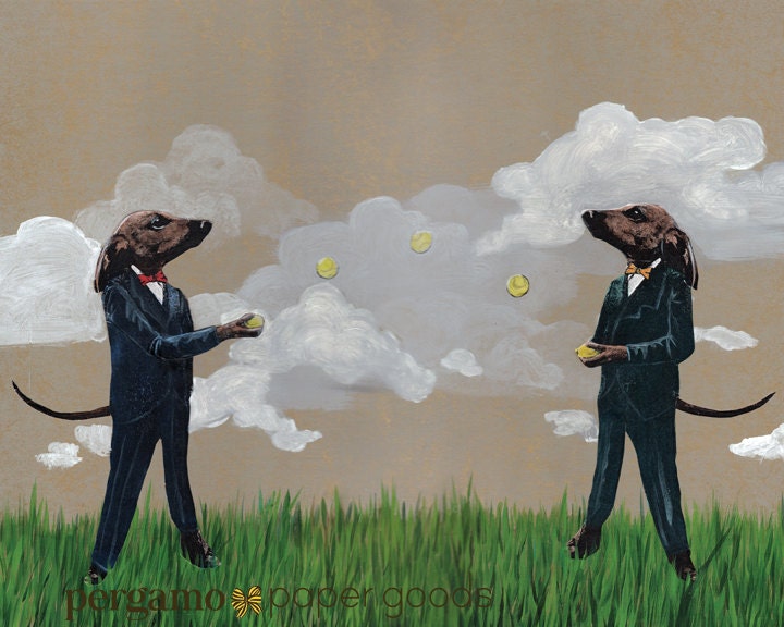 Dachshund Art Print, 8x10" Dogs Fetching Ball Weird Art, Retro Dachshunds, Unique Dapper Dressed Up Animals, Mixed Media Collage Vintage Dog
