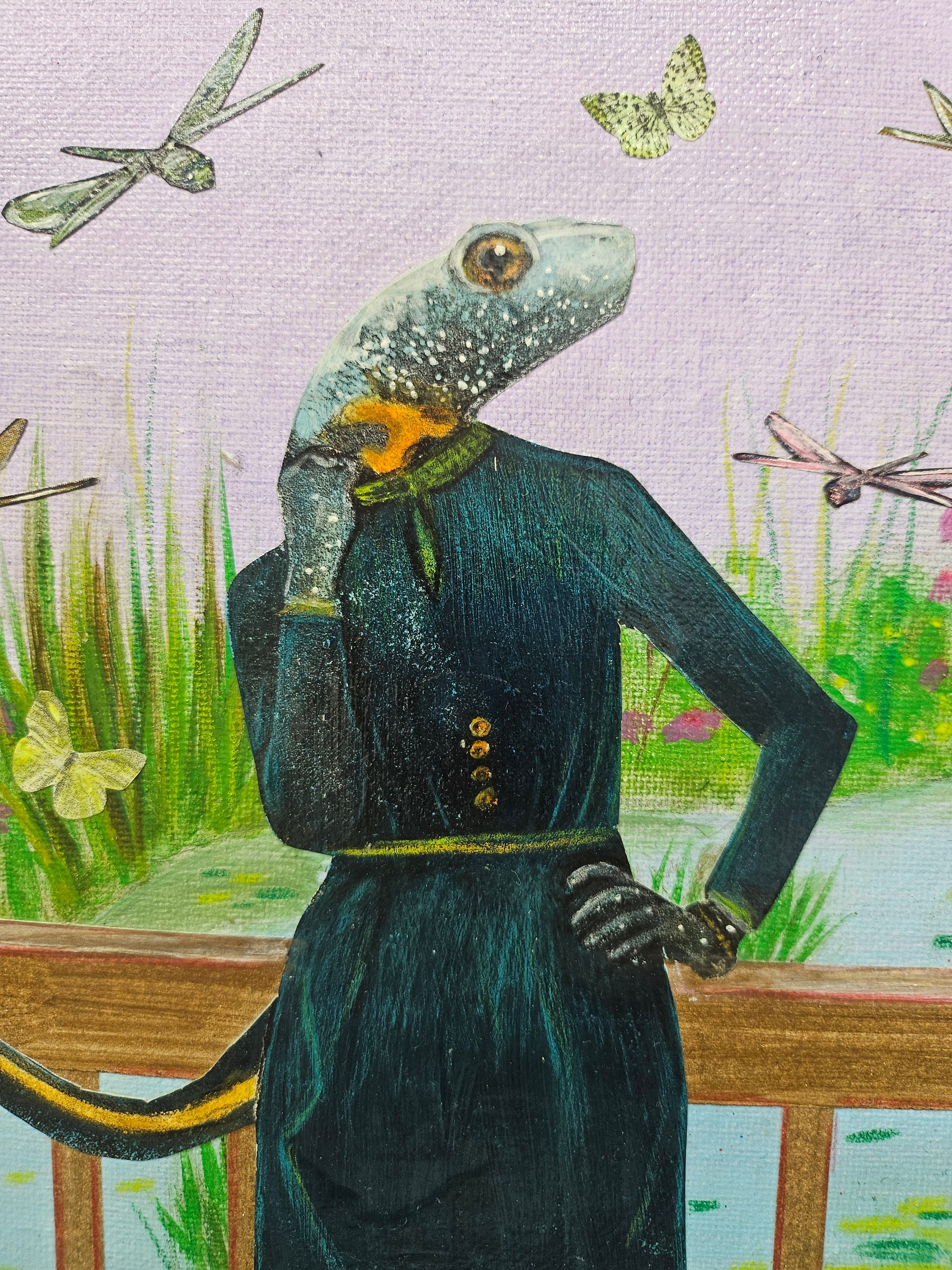 Weird Animal Painting, Newt Original Animal Gift, Collage Wall Art, Mixed Media Animal Art, Vintage Painting, Weird Art on Canvas - Thumbnail 2