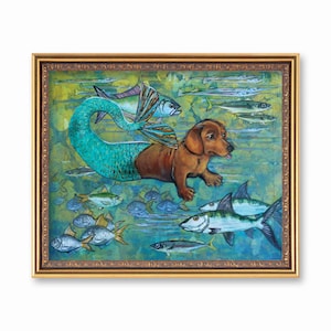 Mermaid Dachshund Art Print, 8x10 Dog Mermaid Lover Decor, Beach House Wall Art Weird, Vintage Mixed Media Dogs Illustration, Animal Rescue