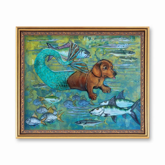 Mermaid Dachshund Art Print, 8x10 Dog Mermaid Lover Decor, Beach House Wall Art Weird, Vintage Mixed Media Dogs Illustration, Animal Rescue