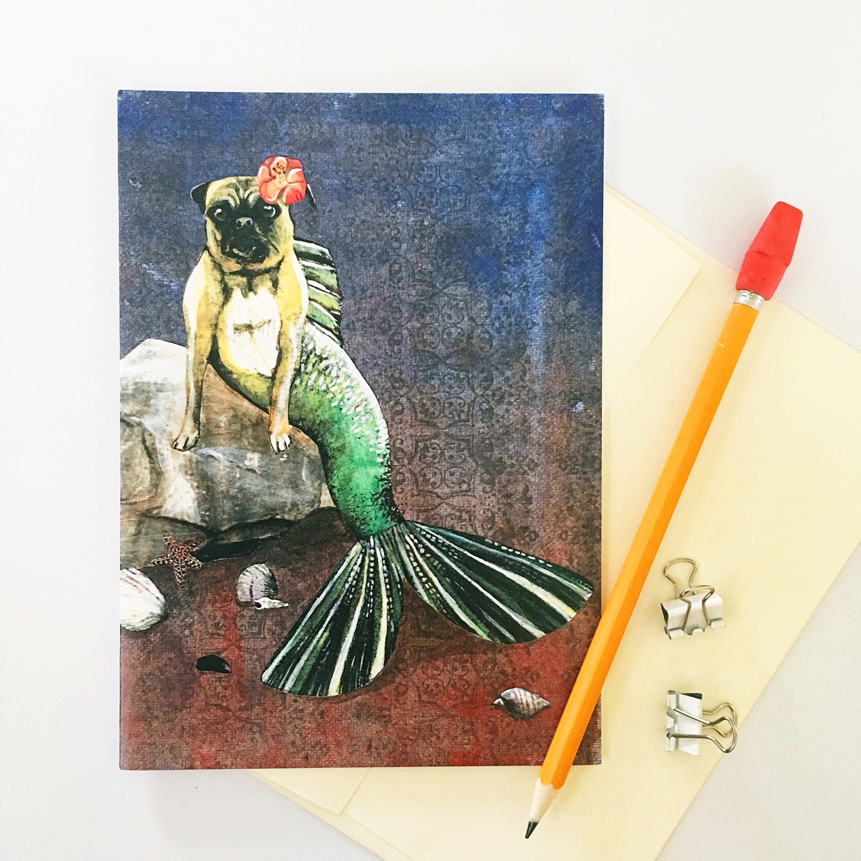 Mermaid Pug Card, Blank Merpug Greeting Cards, Dog Mermaids, Weird Art Gift, Unusual Pug Art, Illustrated Pugs Collage, Under the Sea, Bulk - Thumbnail 2