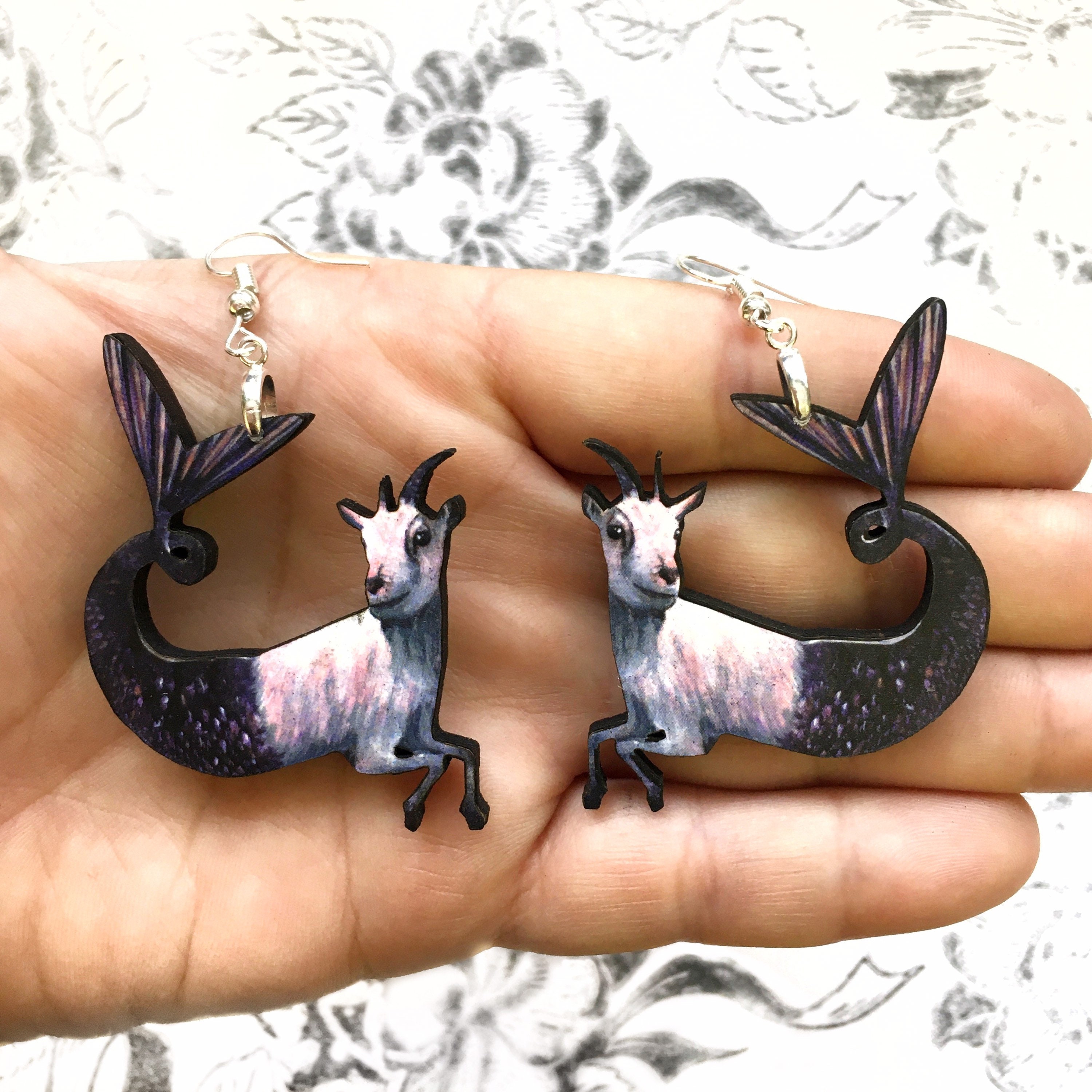 Mermaid Capricorn Earrings, Mermaid Goat Jewelry, Weird Earrings, Kitsch Earrings, Dangle Clip On Earrings, Illustrated Goat Zodiac Jewelry