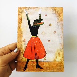 Cartão de jacaré, cartões em branco retrô da Flórida, cartão de parabéns, papelaria de animais estranhos, arte vestida, diversão retrô vintage surreal em movimento