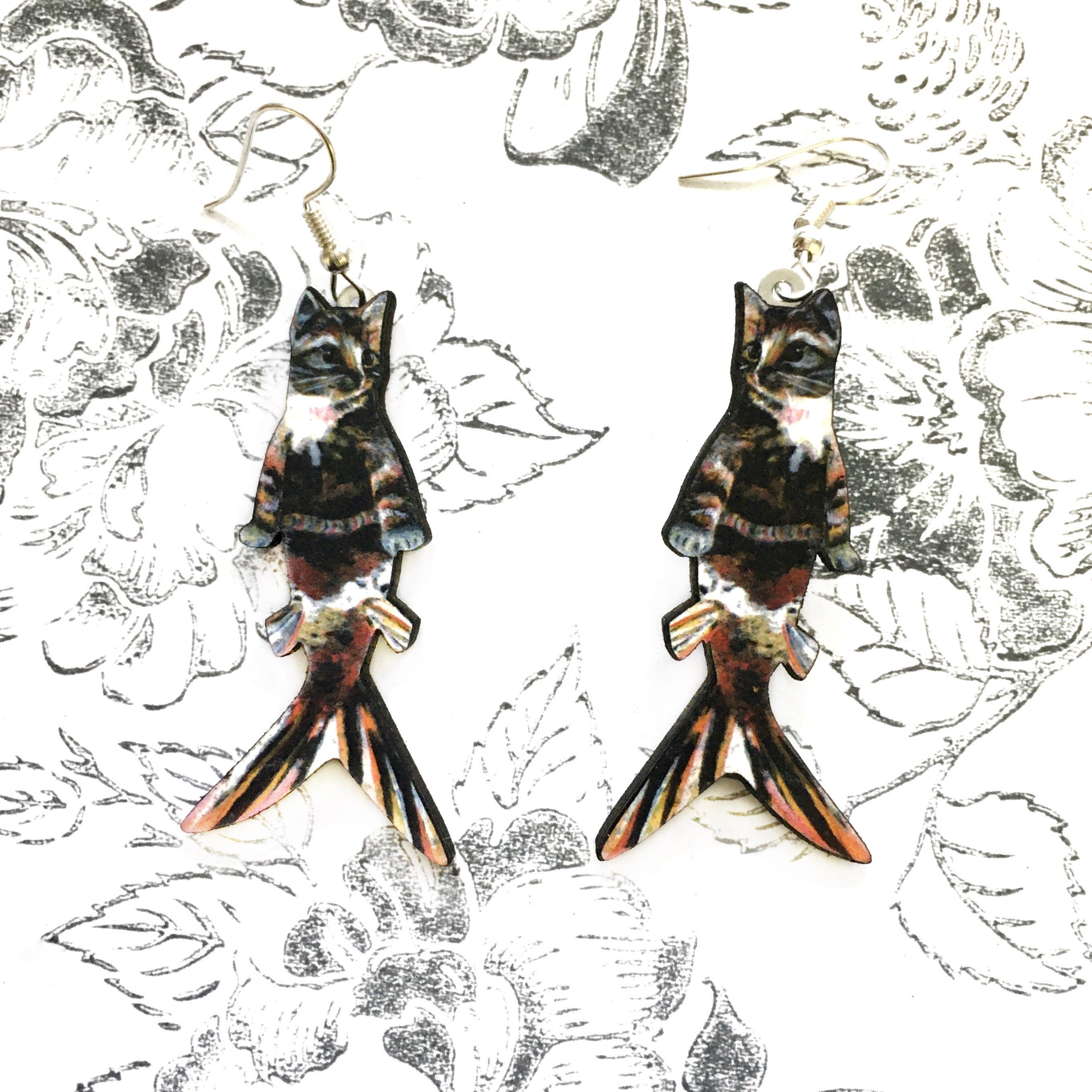 Orange Cat Earrings, Mermaid Cat Jewelry, Catfish Weird Kitsch Earrings, Stainless Steel Dangle Earrings, Illustrated Retro Calico Cat Art - Thumbnail 3