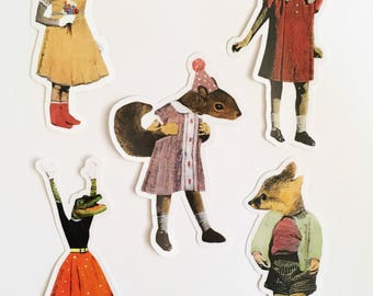 Animal Sticker Pack 5 pegatinas portátiles, calcomanías de gato de vinilo, calcomanía de perro, sirenas vintage animales, etc. para los amantes de los animales, ardilla Flamingo Fox
