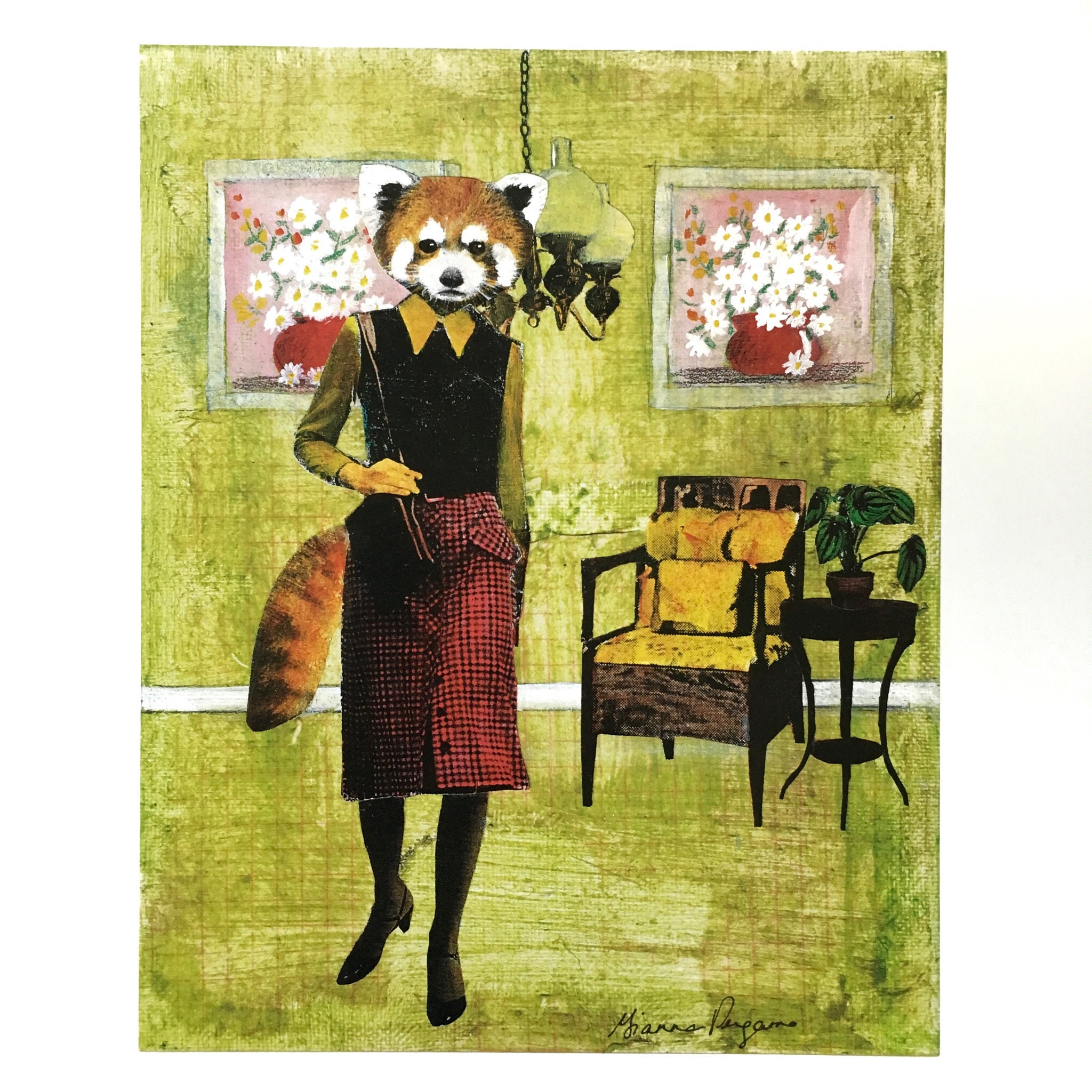 Red Panda Art Print, Vintage Animal Decor, Retro Housewarming Gift, Kitsch for Animal Lovers, Maximalist Home Decor, Surreal Weird Gifts - Thumbnail 3