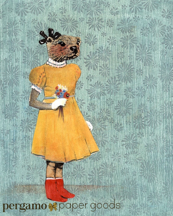 Otter Art Print, 8x10 Nursery Baby Room Decor, Dressed Up Animals, Retro Flower Girl Little Girl Gift, Nostalgic Weird Animal Art Wholesale - Thumbnail 2