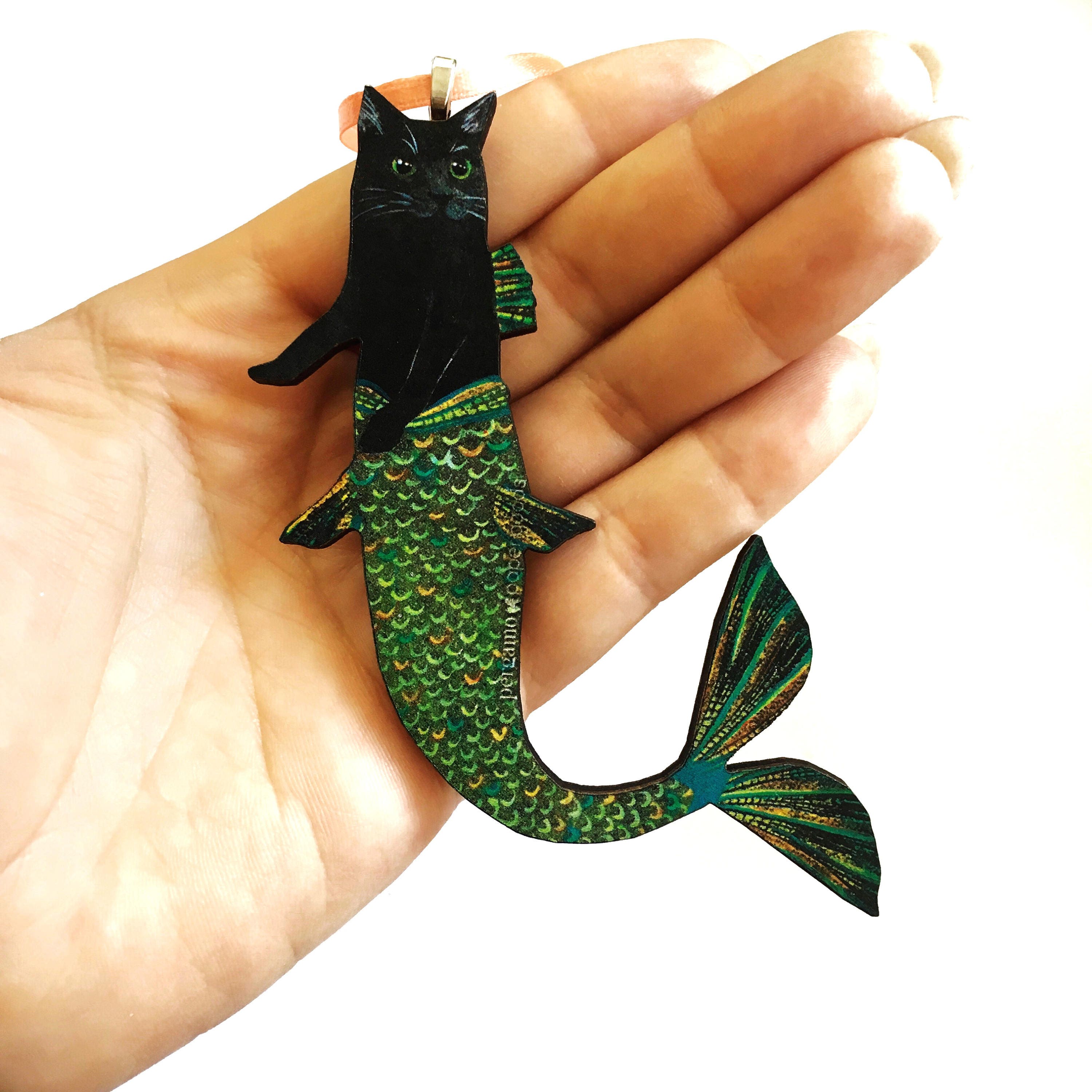 Laser Ornament, Black Cat Ornaments, Vintage Mermaid Cat Christmas Decor, Weird Gifts for Cat Lovers, Retro Christmas, Illustrated Kitten - Thumbnail 2