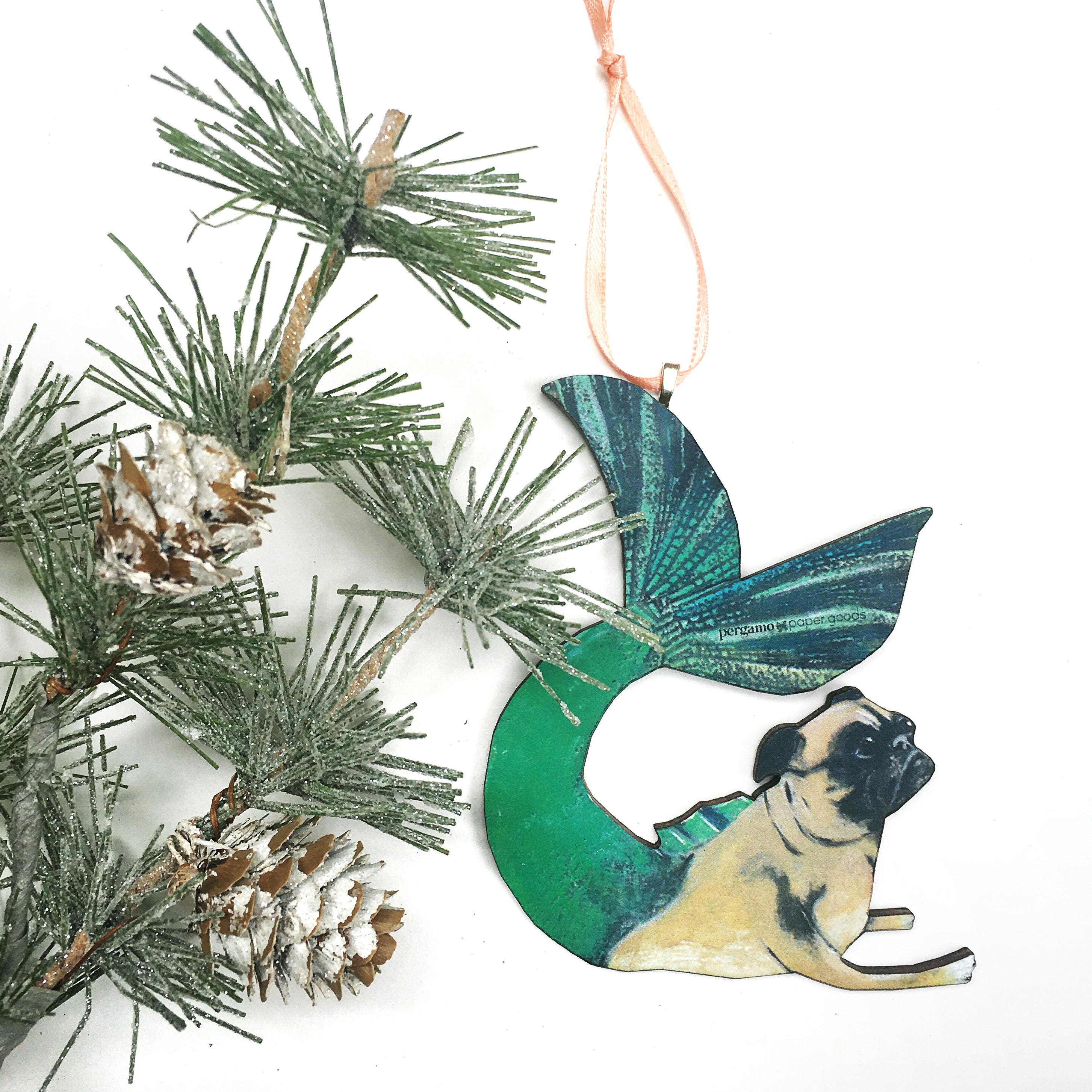 Mermaid Pug Ornament, Dog Christmas Ornament, Laser Ornament, Illustrated Pug Dog Ornament, Pug Mom Gift, Gifts for Dog Lovers, Wholesale