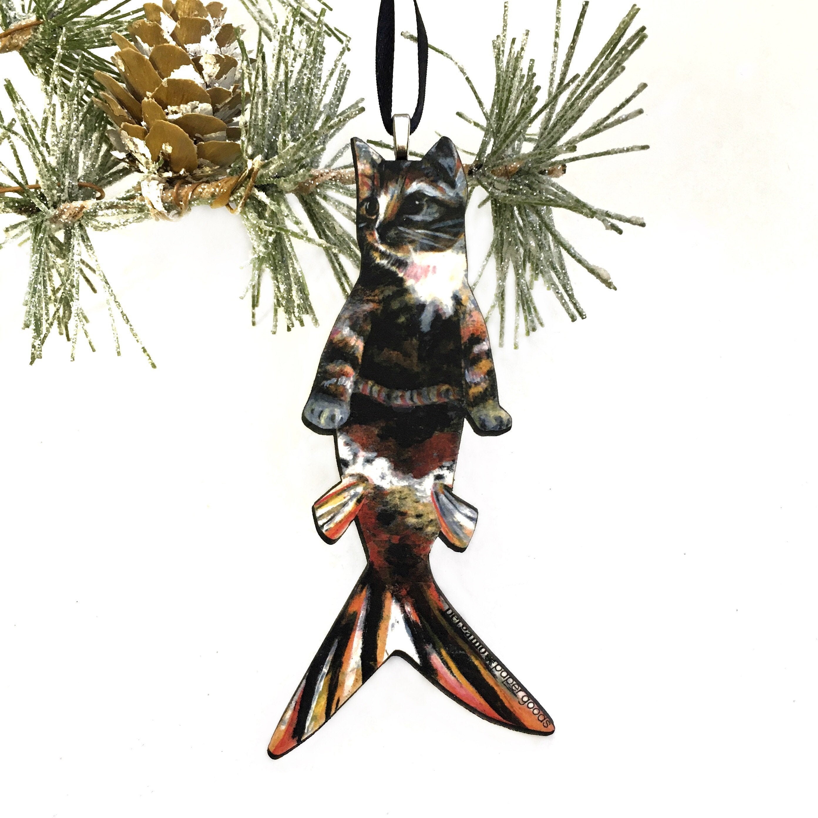 Tabby Cat Ornament, Orange Mermaid Christmas Decoration Ornaments, Wood Beachy Weird Gift, Animal Rescue Foster Gifts for Cat Lovers