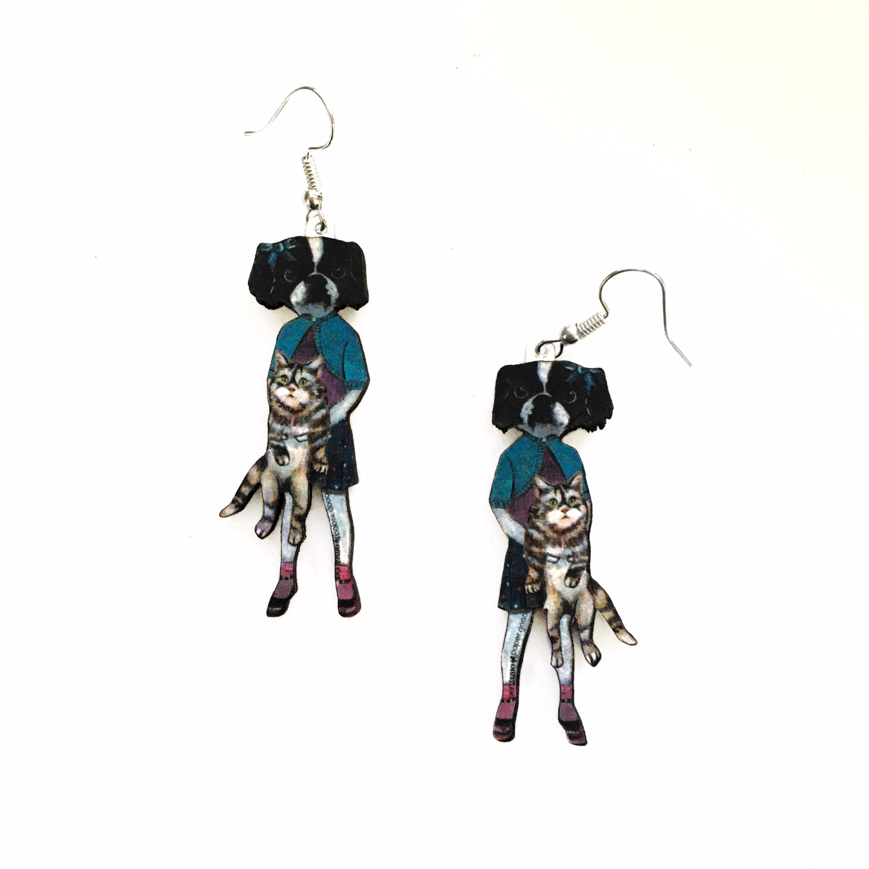 Quirky Earrings, Weird Art, Unusual Dog Earrings, Surreal Japanese Chin Gift, Illustrated Dressed Up Animal Jewelry Laser Cut Wood Gifts - Thumbnail 5