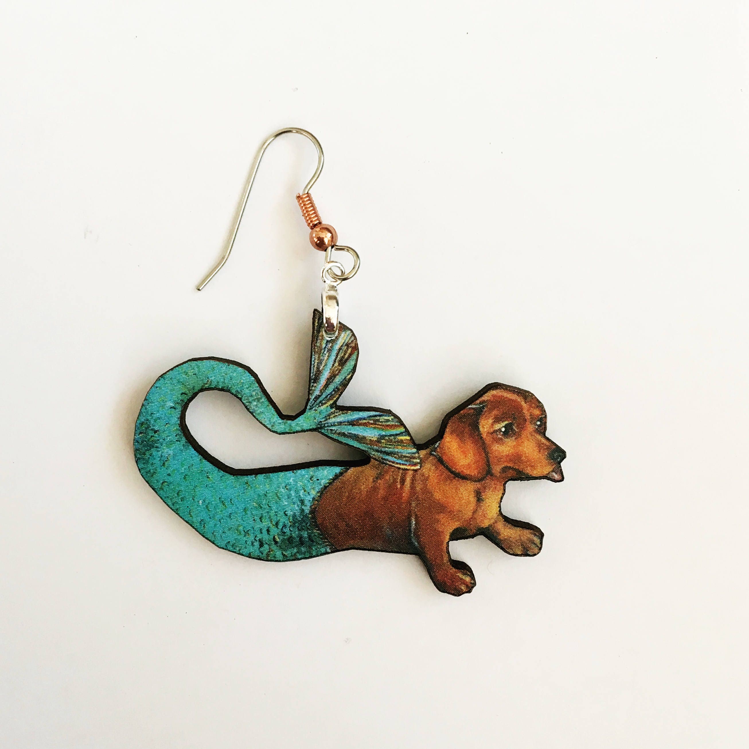 Dachshund Mermaid Earrings, Kitsch Earrings, Weird Earrings, Dog Earrings, Laser Cut Wood Florida Jewelry, Surgical Steel - Thumbnail 4