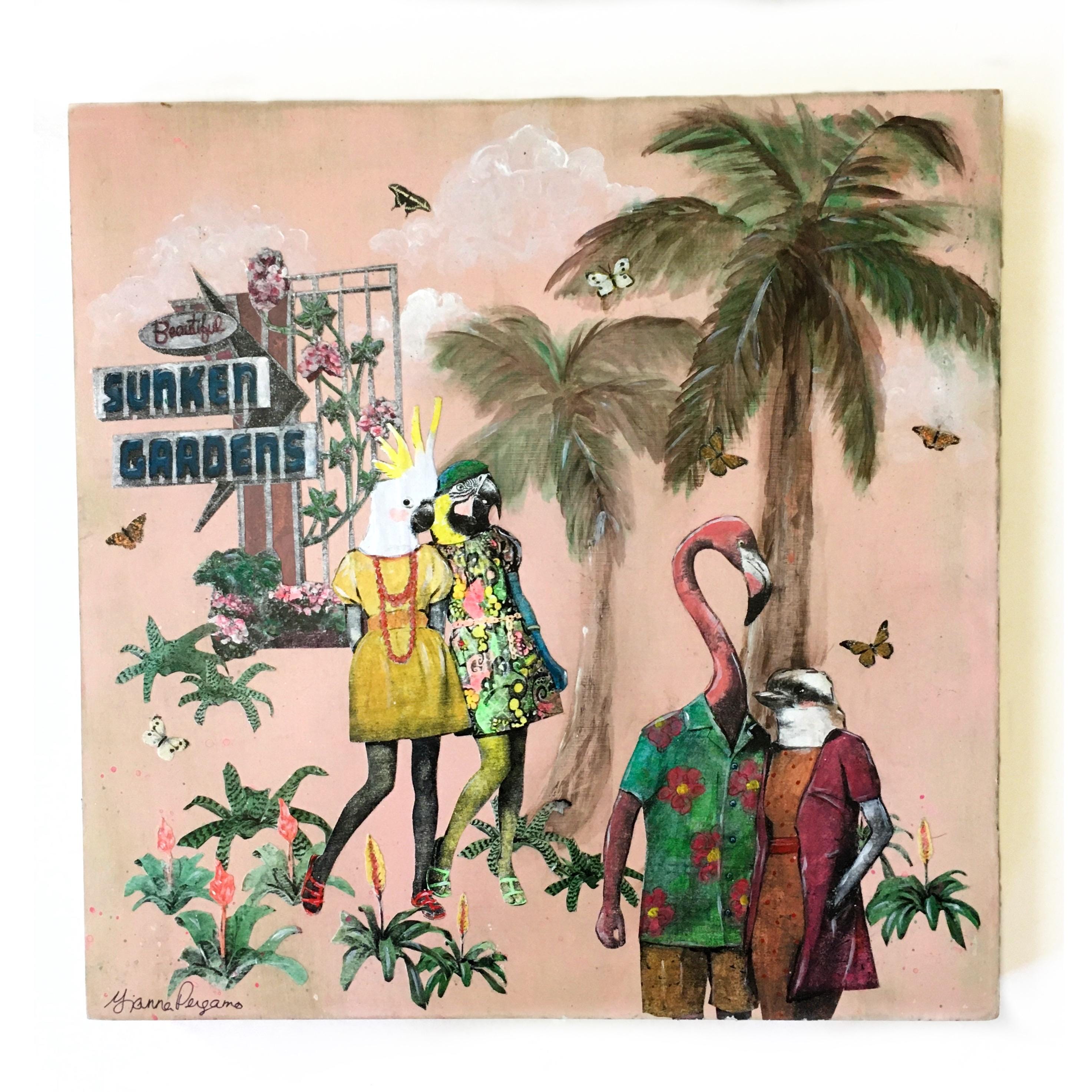 Florida Birds Painting, Sunken Gardens Retro Inspired Mixed Media Art, Collage Wall Painting, Original Acrylic Wall Art, Weird Animal Gift