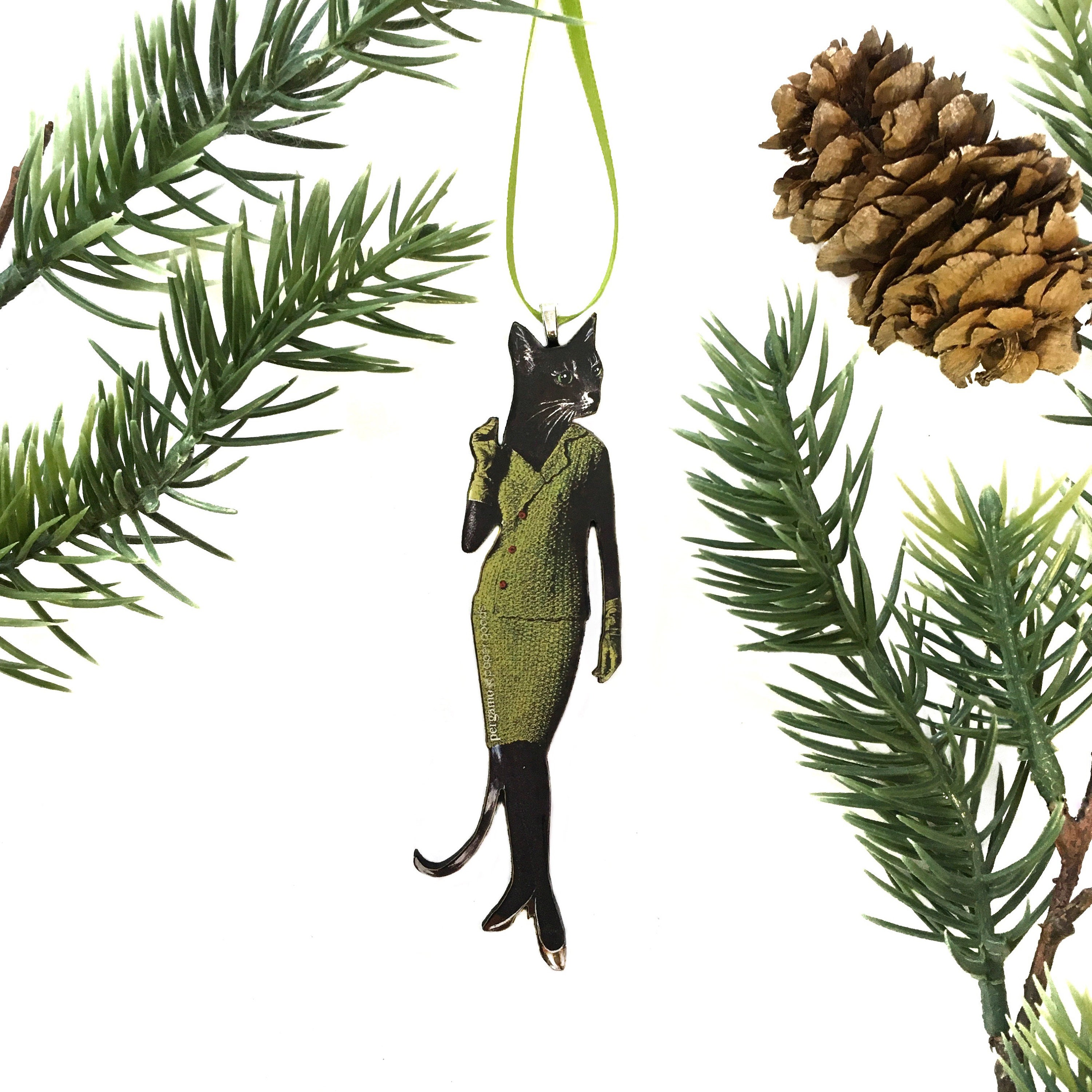 Dressed Up Cat Ornament, Vintage Holiday Laser Ornaments, Gray Black Cat Gift, Retro Stocking Stuffer, Anima Weird Christmas Decoration