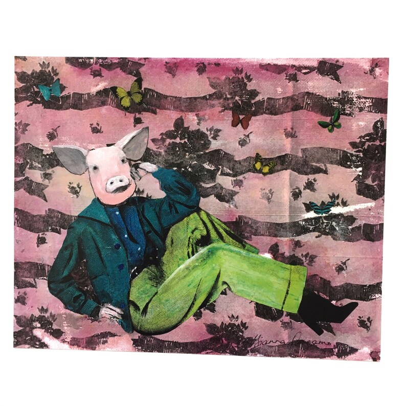 May include: A pink pig wearing a blue jacket and green pants is sitting on a pink and black patterned background. There are several butterflies in the background.