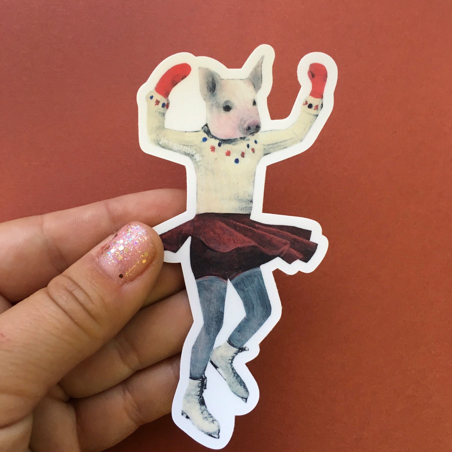 Pig Vinyl Sticker, Vintage Ice Skating Ice Skate Laptop Stickers, Waterproof Outdoor Decals Flask Decal Weird Pig Gifts Art Gift 70s 80s 90s - Thumbnail 3