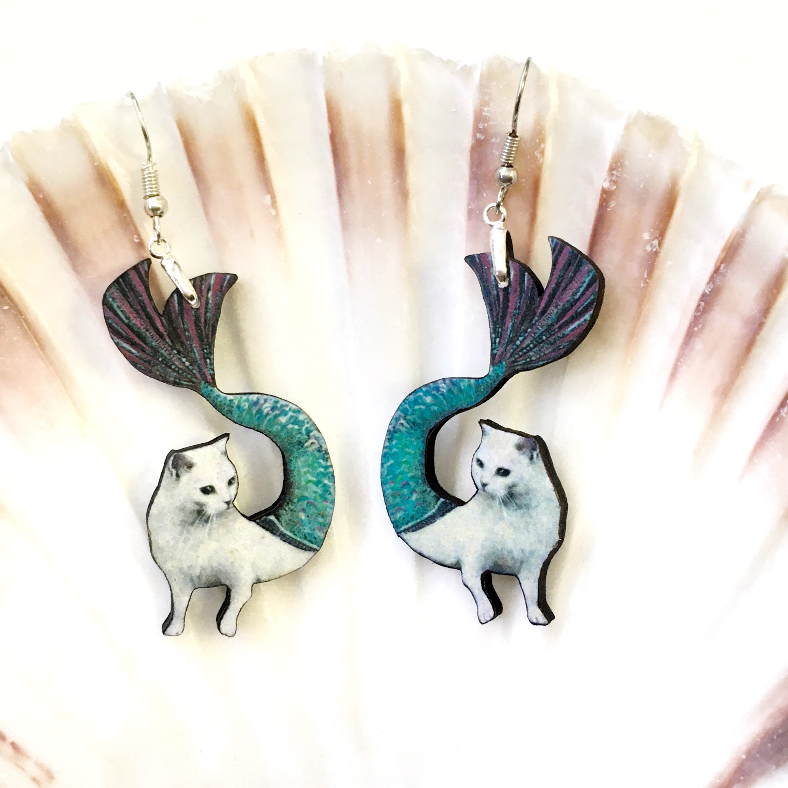 Mermaid Cat Earrings, Cat Jewelry, Weird Earrings, Kitsch Earrings, Stainless Steel Laser Cut Wood Dangle Earrings, Illustrated Retro Cat - Thumbnail 5