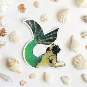 Mermaid Pug Sticker, Dog Mermaid Stickers, Laptop VSCO Vinyl Decals, Outdoor Car Phone, Fantasy Veterinarian Puggle Mom Decal Macbook Flask