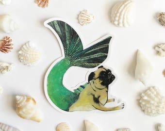 Mermaid Pug Sticker, Dog Mermaid Stickers, Laptop VSCO Vinyl Decals, Outdoor Car Phone, Fantasy Veterinarian Puggle Mom Decal Macbook Flask