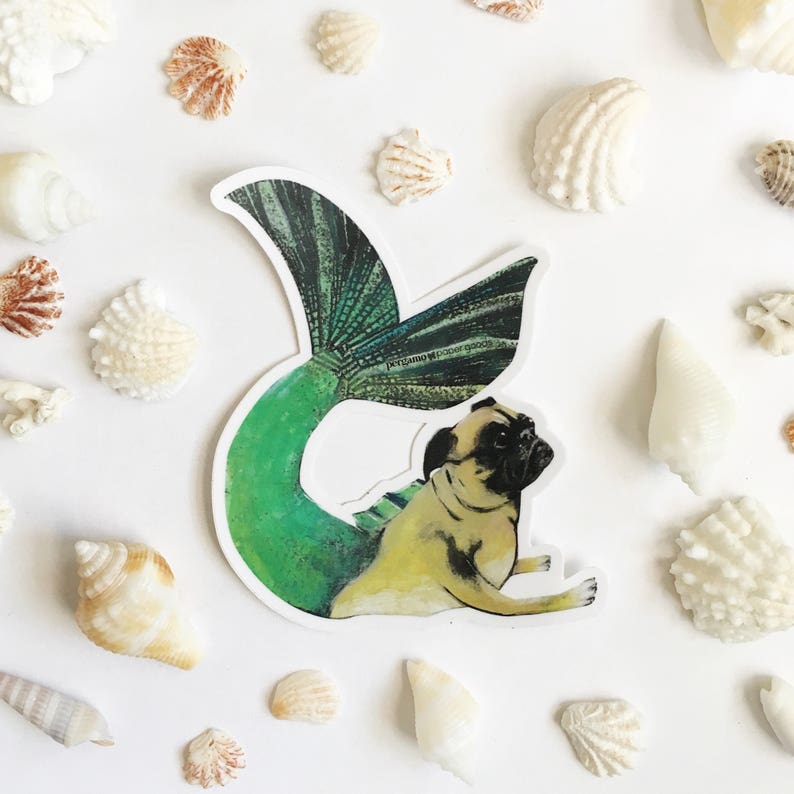 Mermaid Pug Sticker, Dog Mermaid Stickers, Laptop VSCO Vinyl Decals, Outdoor Car Phone, Fantasy Veterinarian Puggle Mom Decal Macbook Flask 