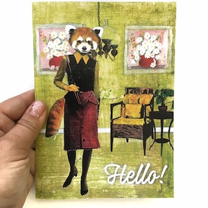 Cartão Panda Vermelho, Cartões de Amigo, Presente de Amizade, Papelaria Vintage, Penpal, Correio Caracol, Cartão Olá Animal Surreal Estranho, Ilustração de Colagem