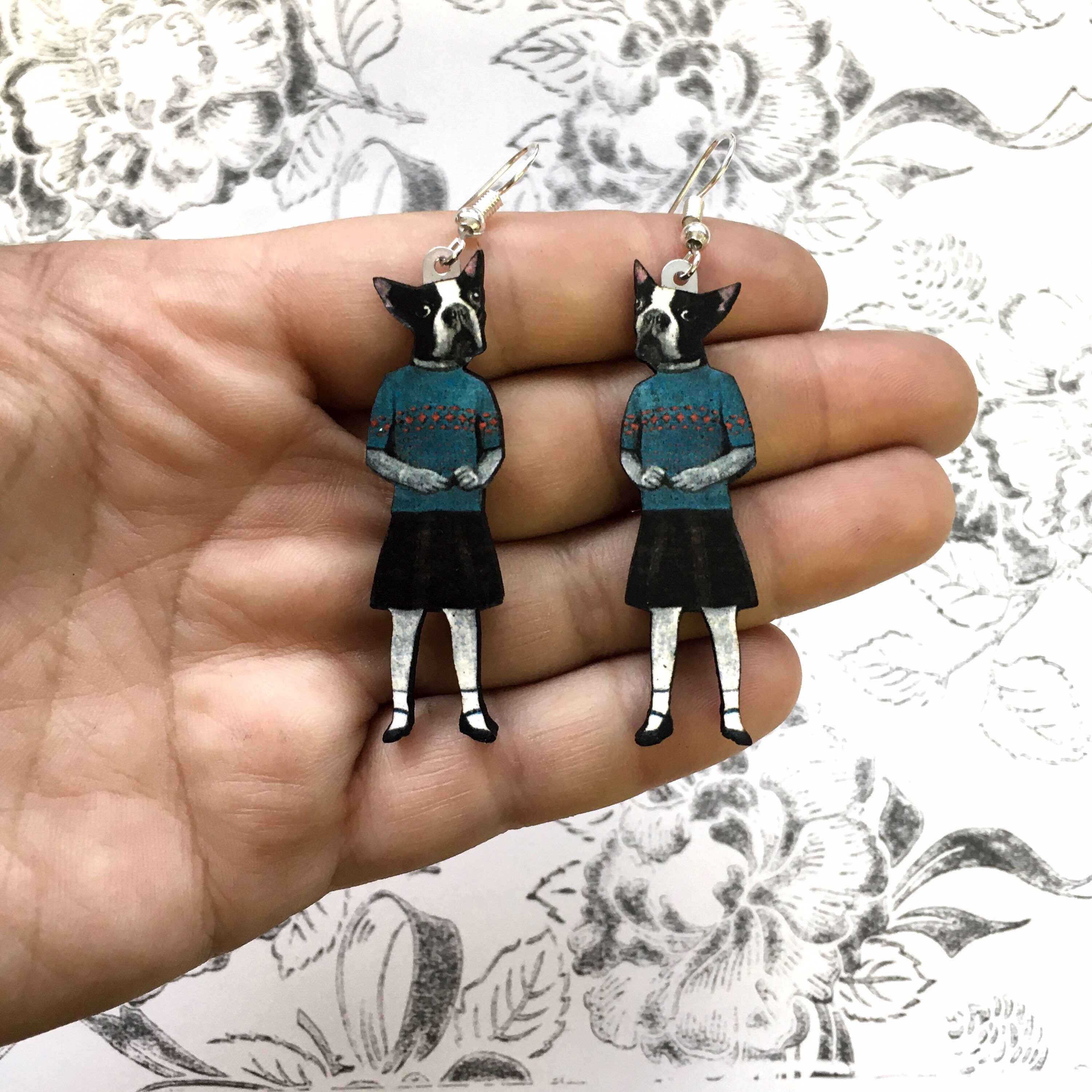 Boston Terrier Earrings, Weird Earrings, Laser Cut Wood Dog Jewelry, Surgical Steel Boston Terrier Jewelry, Illustrated Dressed Up Dog