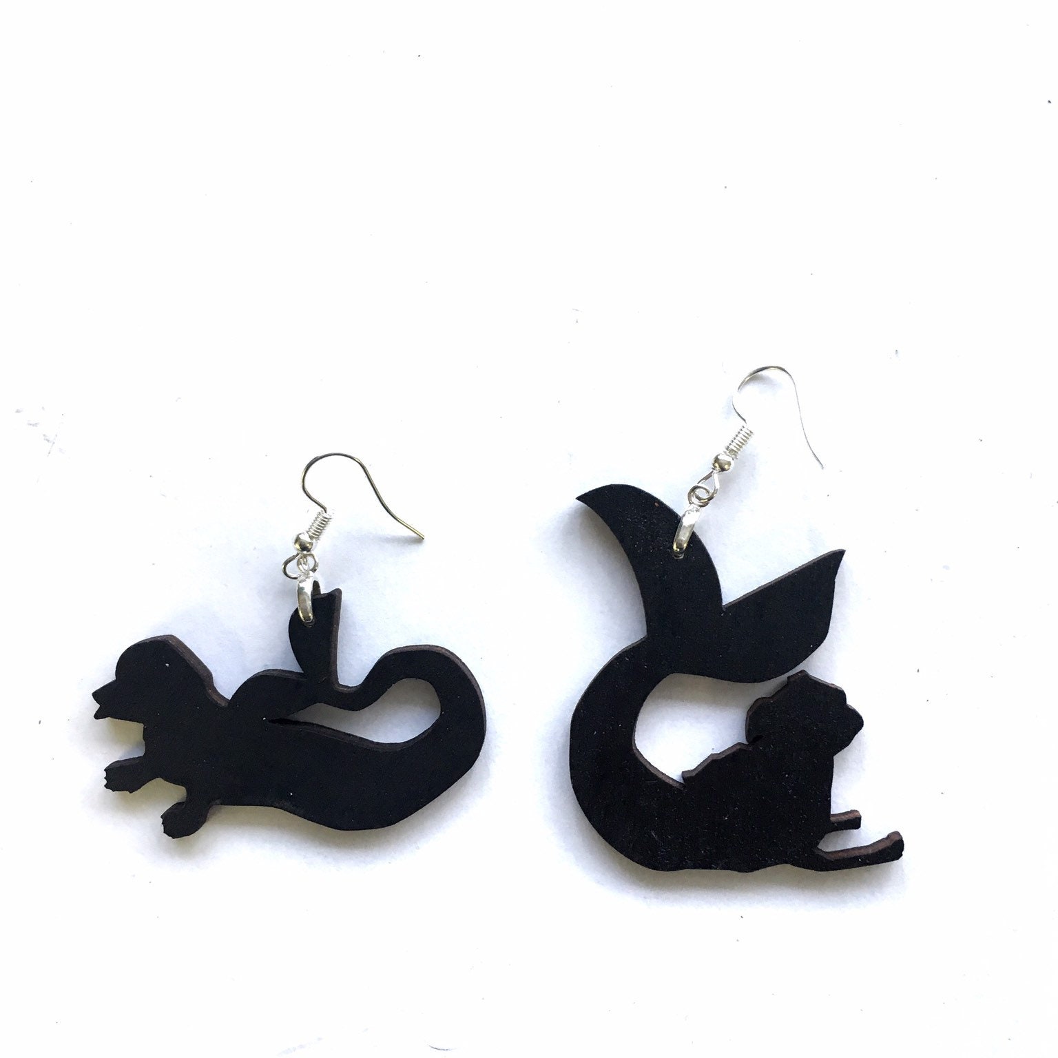 Mismatched Dog Earrings, Fun Mermaid Jewelry, Weird Earrings, Kitsch Pug and Dachshund Laser Cut Wood Animal Gifts, Animal Rescue Gift - Thumbnail 3
