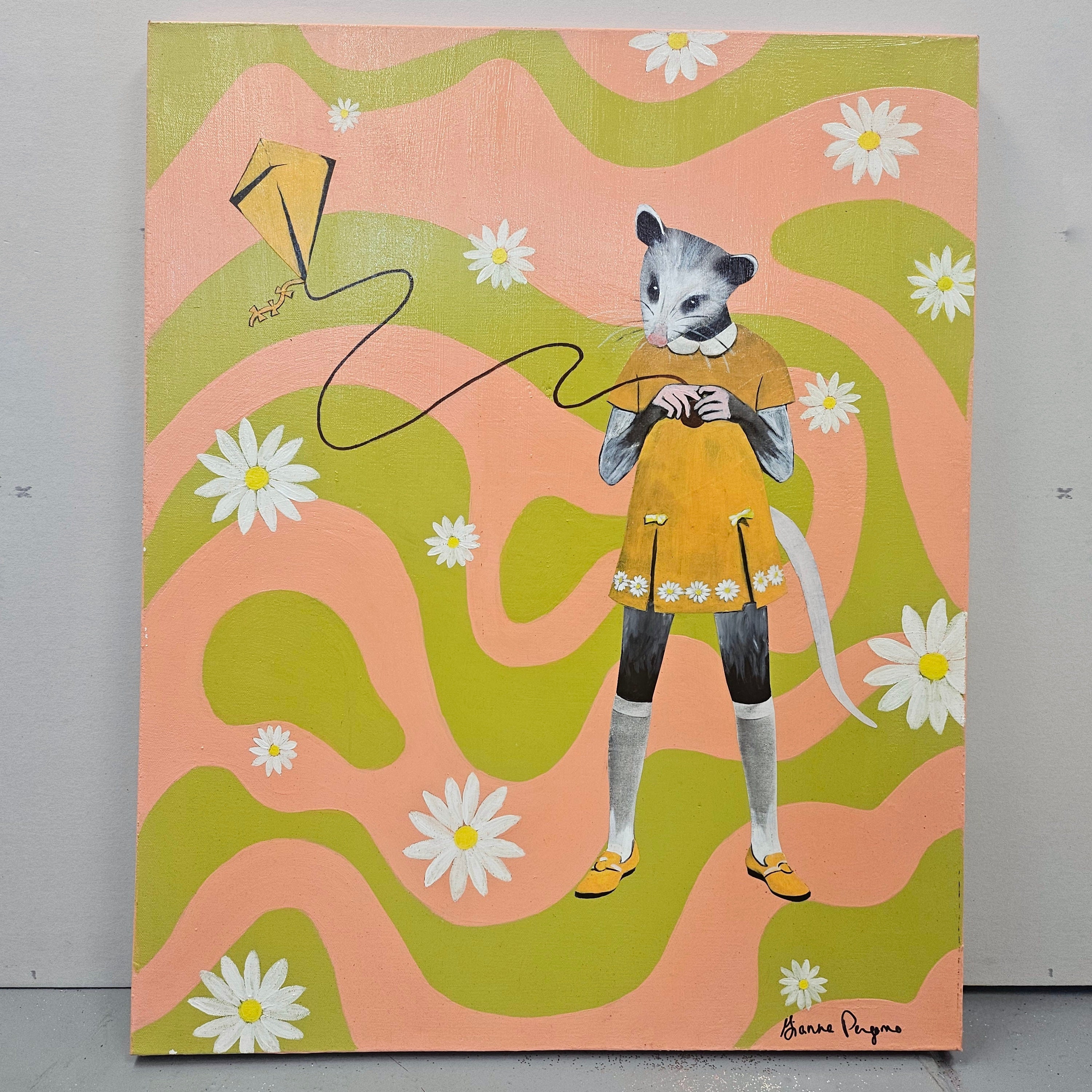 Possum Painting, Original Animal Gift, Collage Wall Art, Mixed Media Animal Art, Vintage Painting, Weird Art on Canvas, Flying Kite - Image 1