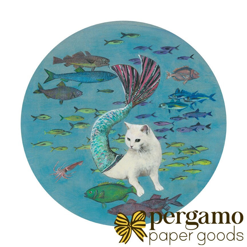 Mermaid Cat Art Print, 12x12 Cats Wall Art, Mermaid Lover Decor, White Cat Lover, Vintage Beach House Weird Art Unique Collage Animal Rescue