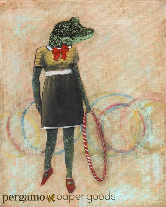 Florida Alligator Art Print, 8x10 Hula Hoop Reptile Wall Decor, FL Gifts Retro Animal Weird Art, Mixed Media Signed, Vintage Crocodile Gift - Thumbnail 2