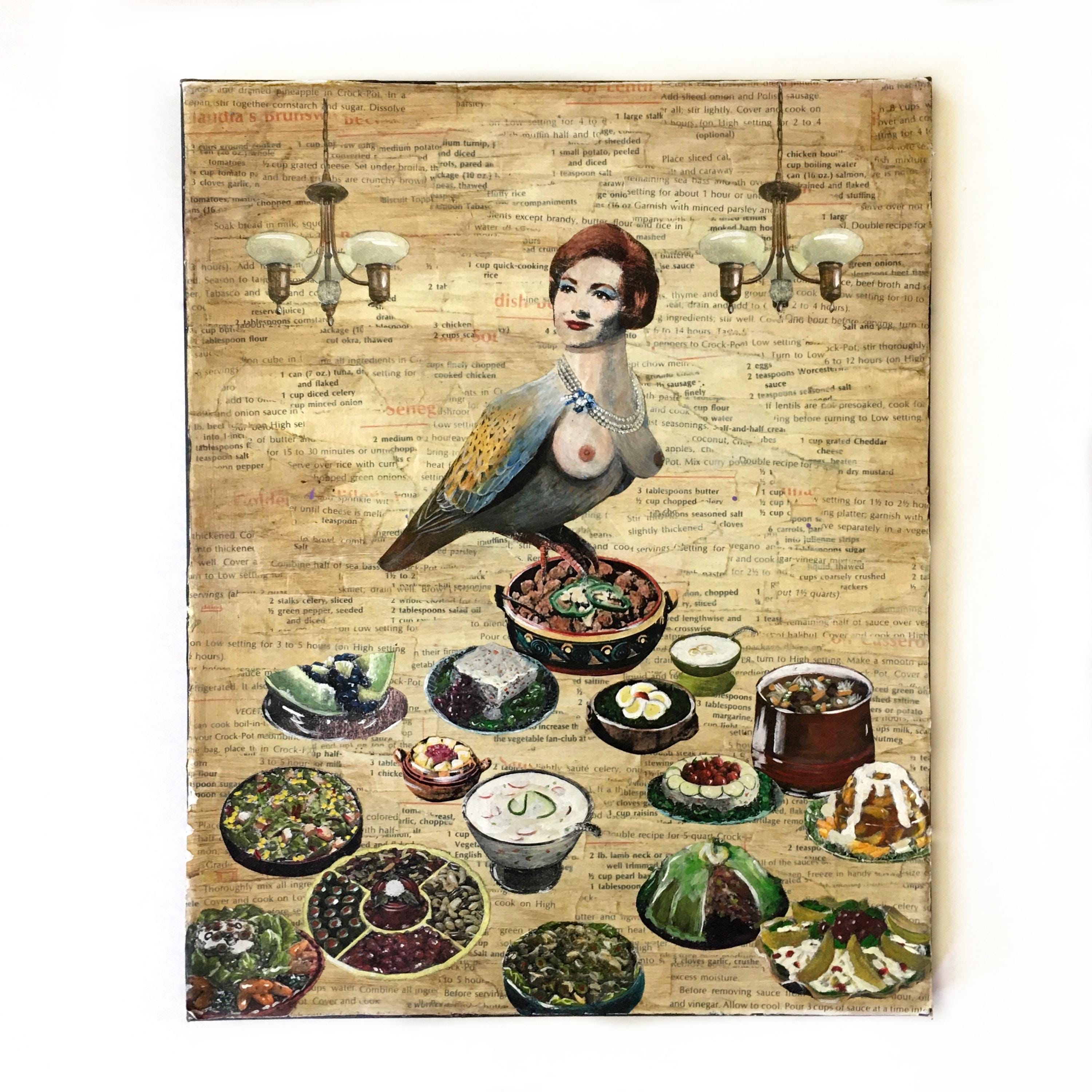Vintage Harpy Painting, Retro Inspired Mixed Media Art, Collage Wall Painting, Original Acrylic Wall Art, Weird Animal Lover Gift Green