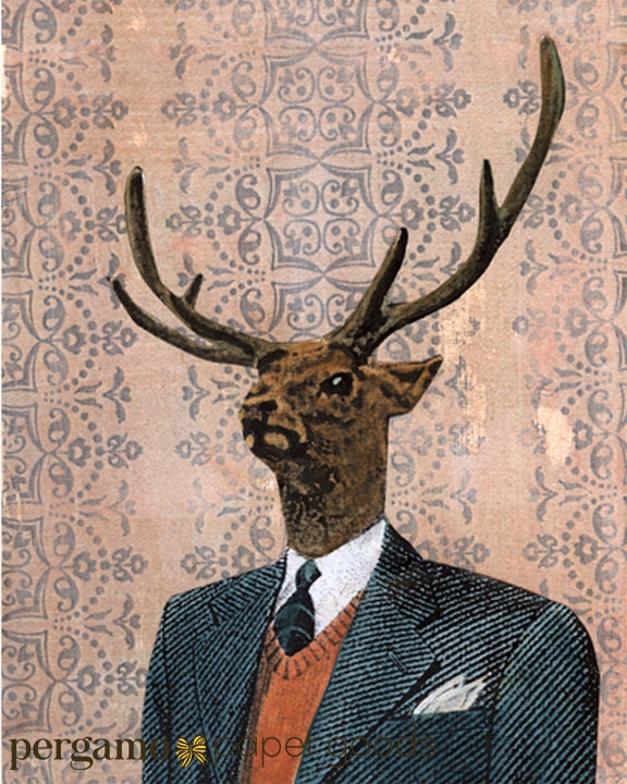 Buck Art Print, 8x10 Dapper Deer Wall Art, Antlers Decor, Rustic Home, Weird Art for Men, Funny Gifts for Dad, Vintage Mixed Media Collage - Thumbnail 2