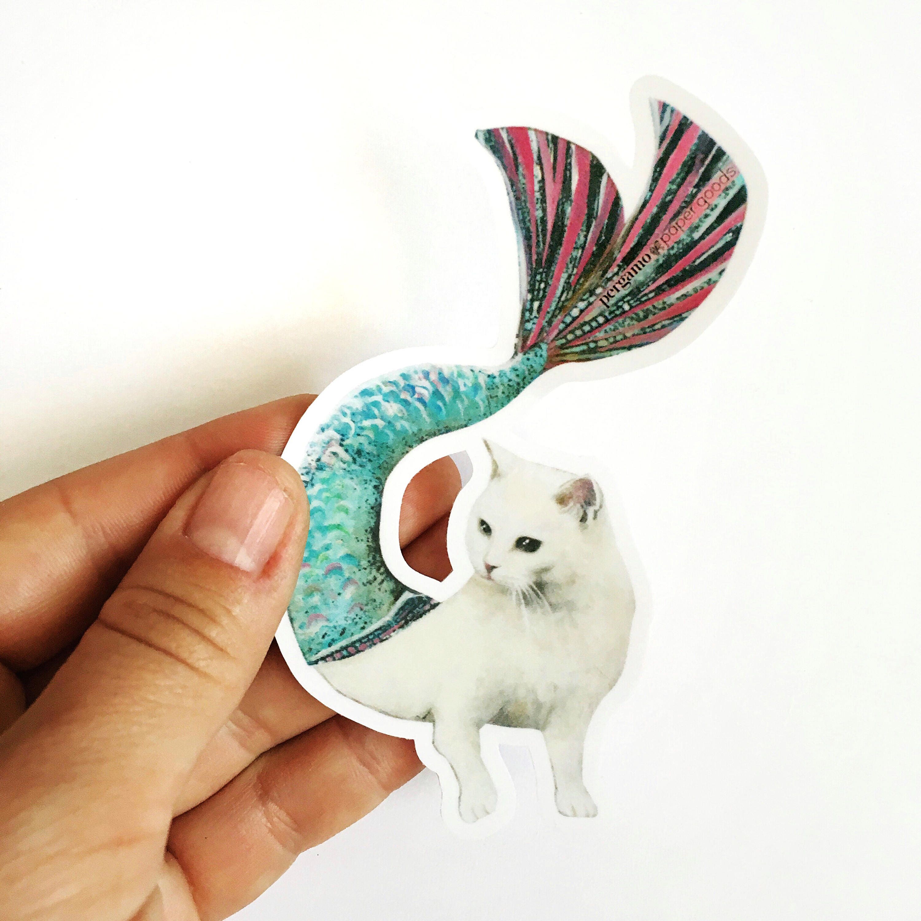 Mermaid Cat Sticker, Vinyl Laptop Stickers, White Cat Mermaid Decals, Cute Cat Mom Crazy Cat Lady Kitten Decal Animal Rescue, Wholesale