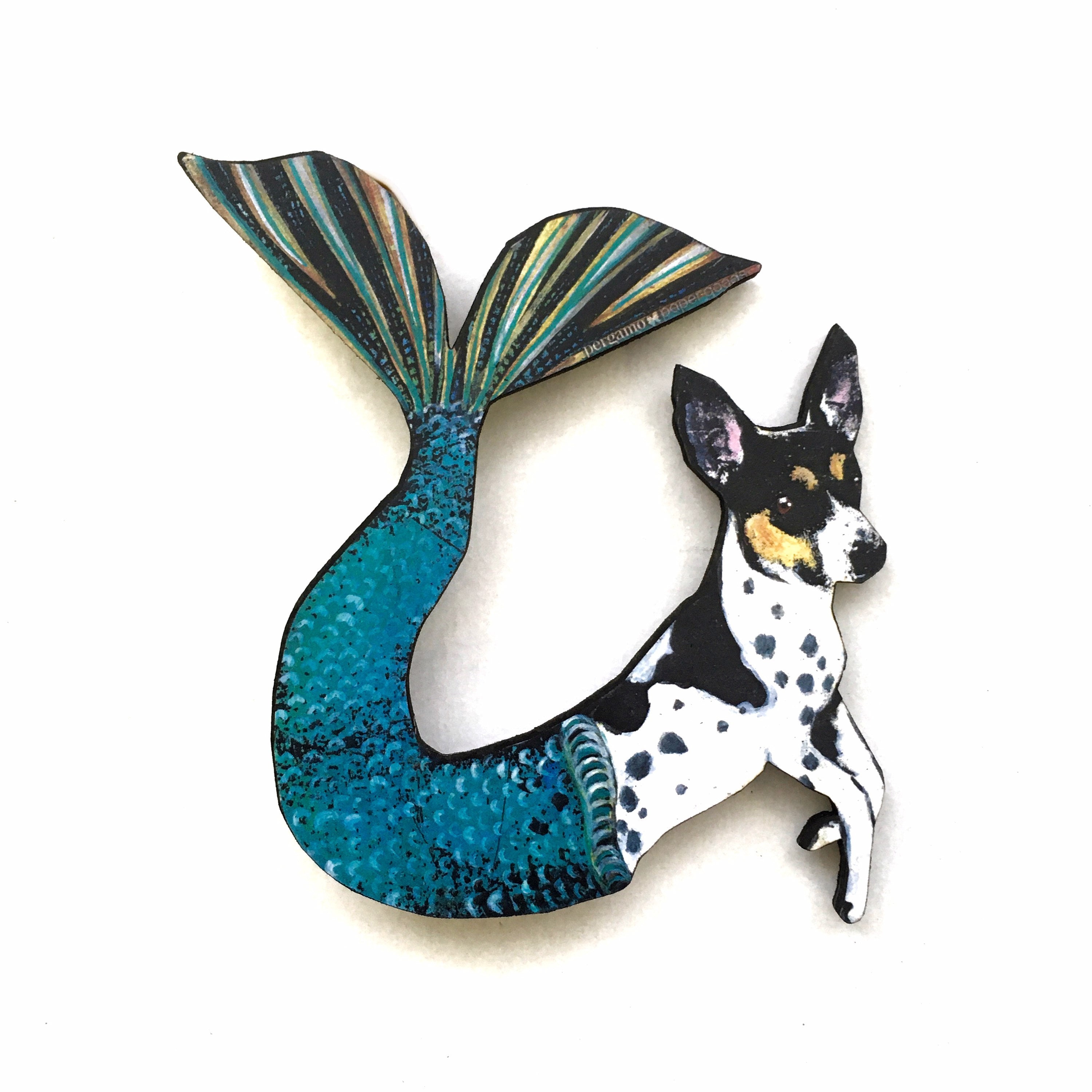 Mermaid Dog Magnet, Rat Terrier Gift, Dog Mermaid Gifts, Weird Dog Art, Rat Terrier Memorial Art Fantasy for Veterinarian, Animal Rescue - Thumbnail 2
