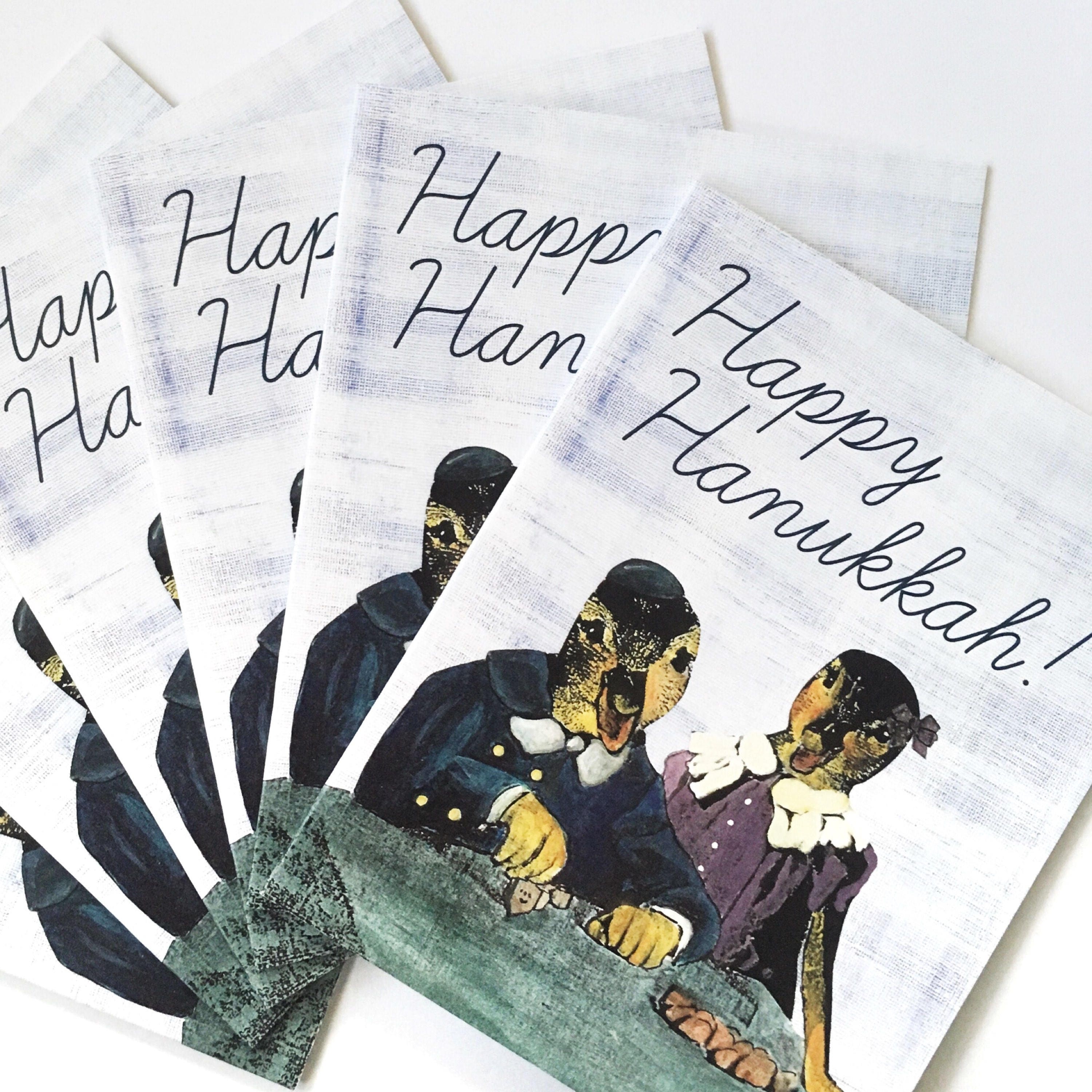 Animal Hanukkah Card or Card Set, Funny Hanukkah Party Cards, Weird Chanukah Dreidel Art, Illustrated Jewish Holiday Stationery, Wholesale