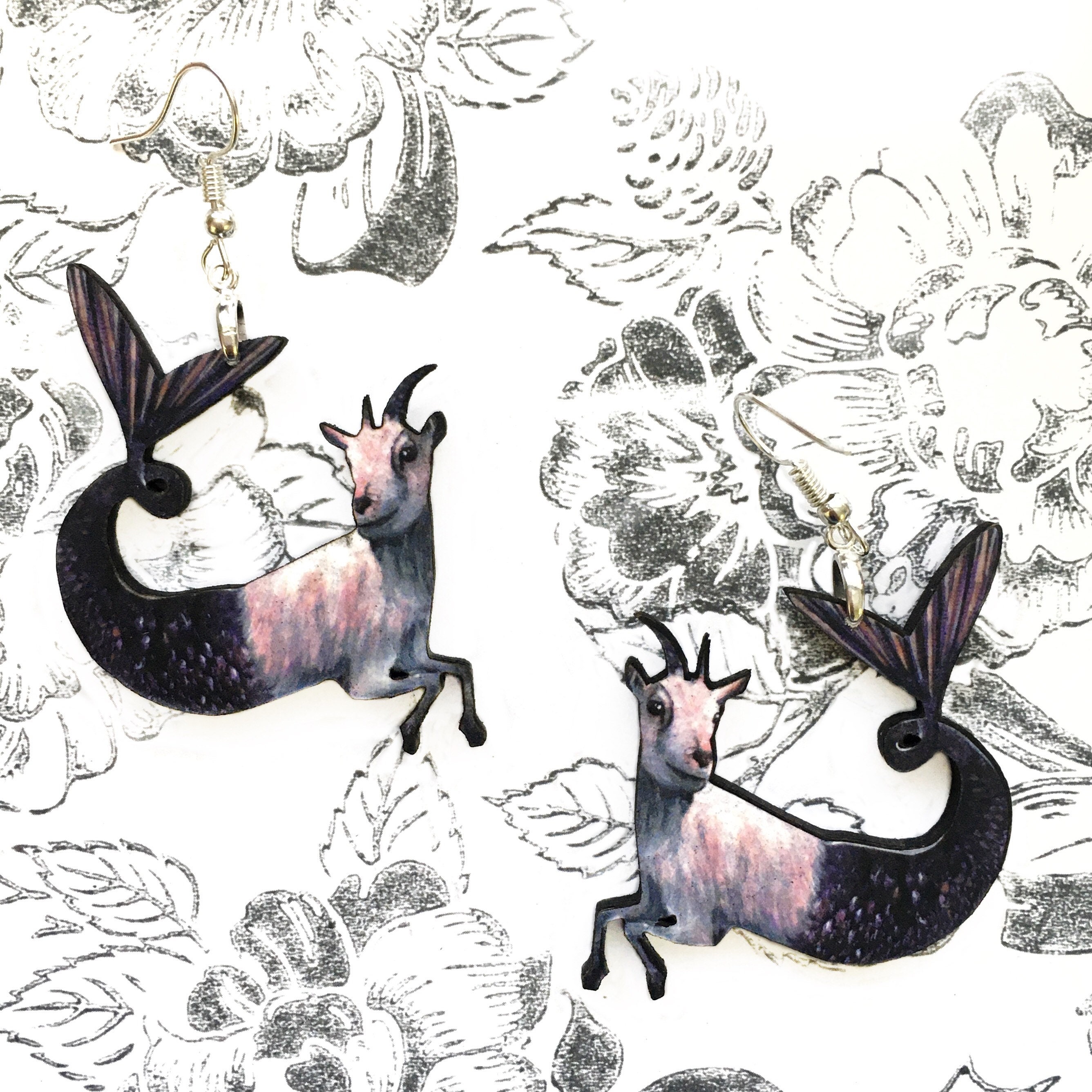 Mermaid Capricorn Earrings, Mermaid Goat Jewelry, Weird Earrings, Kitsch Earrings, Dangle Clip On Earrings, Illustrated Goat Zodiac Jewelry - Thumbnail 2