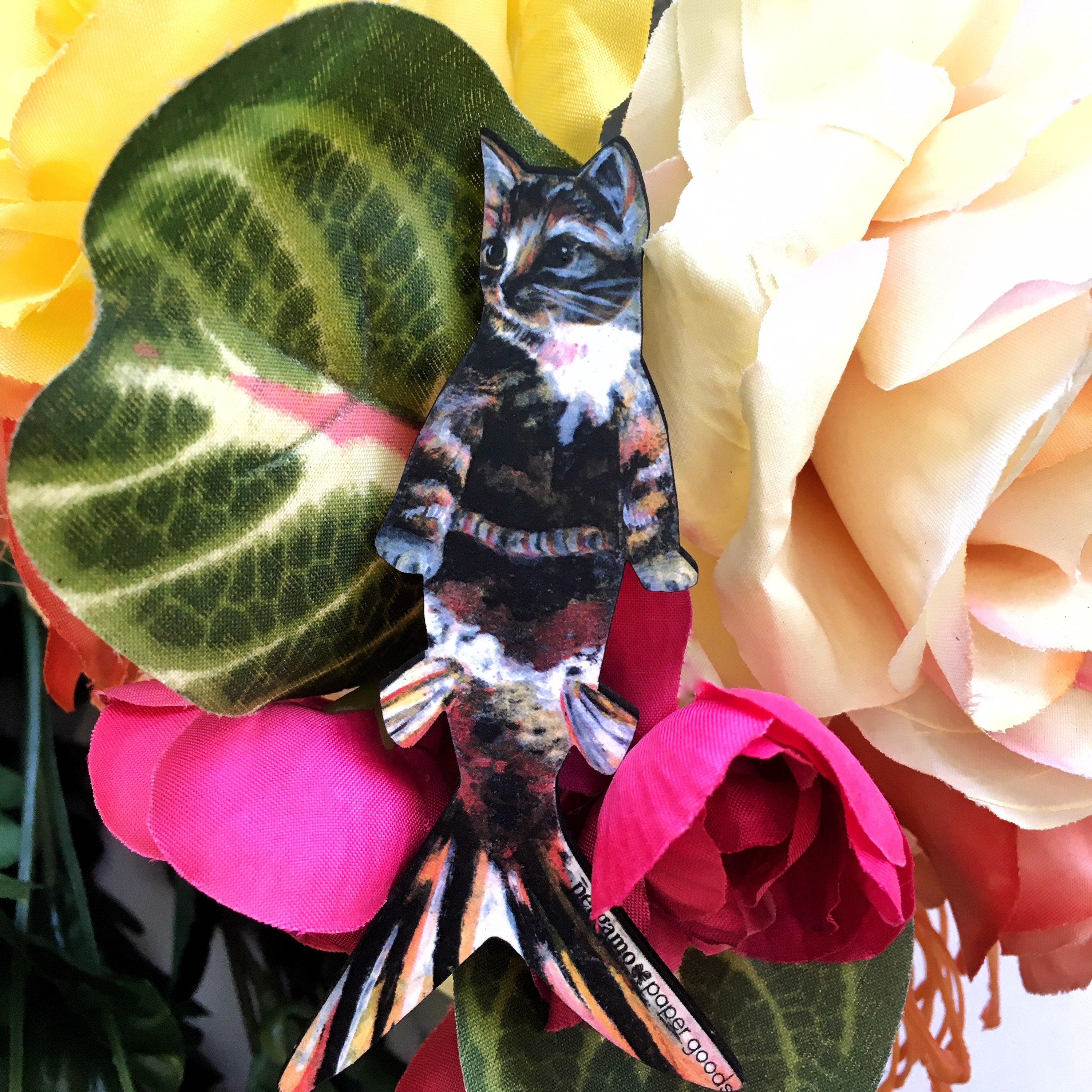Mermaid Cat Magnet, Kitsch Tabby Orange Cat Mermaid, Weird Animal Magnets Fridge, Teacher Housewarming Gift, Back to school, Retro Surreal - Thumbnail 5