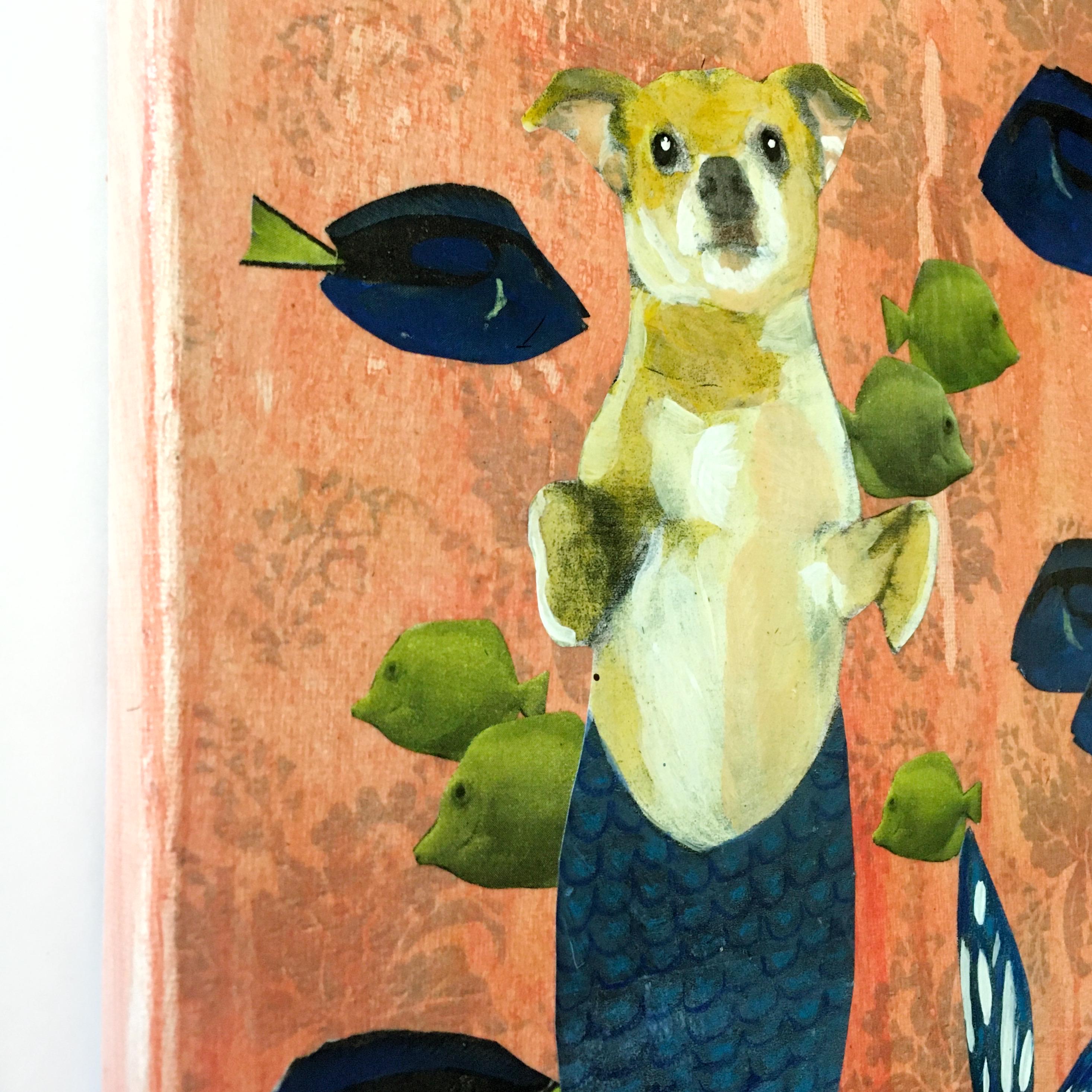 Chihuahua Mermaid Painting, Retro Inspired Mixed Media Art, Collage Dog Wall Painting, Original Acrylic Wall Art, Weird Animal Lover Gift - Thumbnail 2