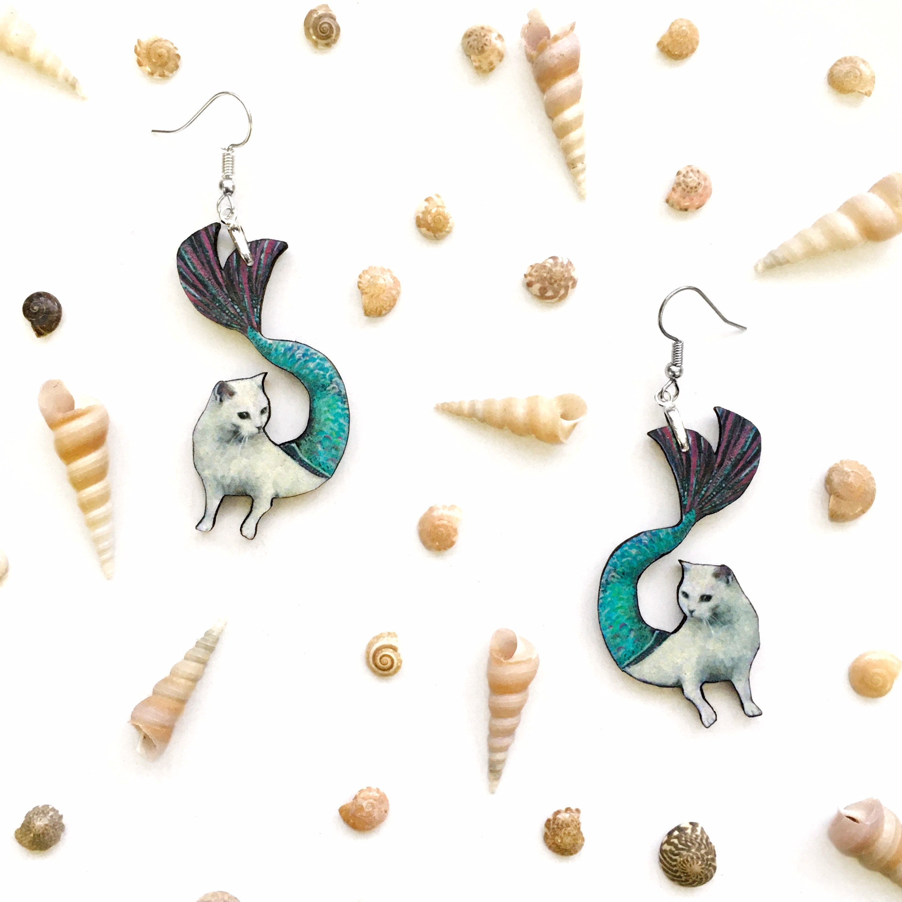 Mermaid Cat Earrings, Cat Jewelry, Weird Earrings, Kitsch Earrings, Stainless Steel Laser Cut Wood Dangle Earrings, Illustrated Retro Cat - Thumbnail 4