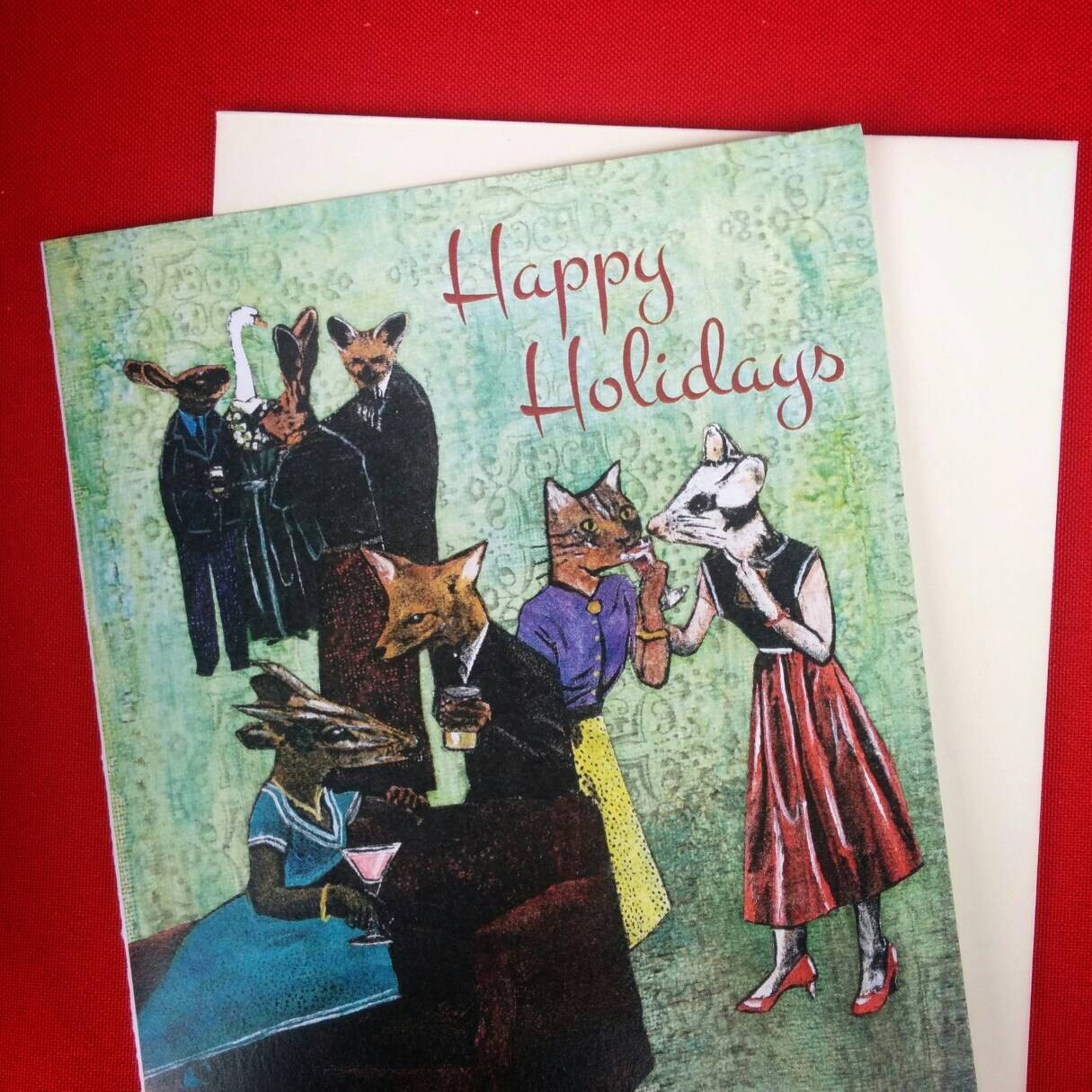 Holiday Party Card or Card Set, Weird Christmas Animals, Vintage Christmas Weird Holiday Stationery Set, Fancy Rescue Animal Wholesale Cards - Thumbnail 2