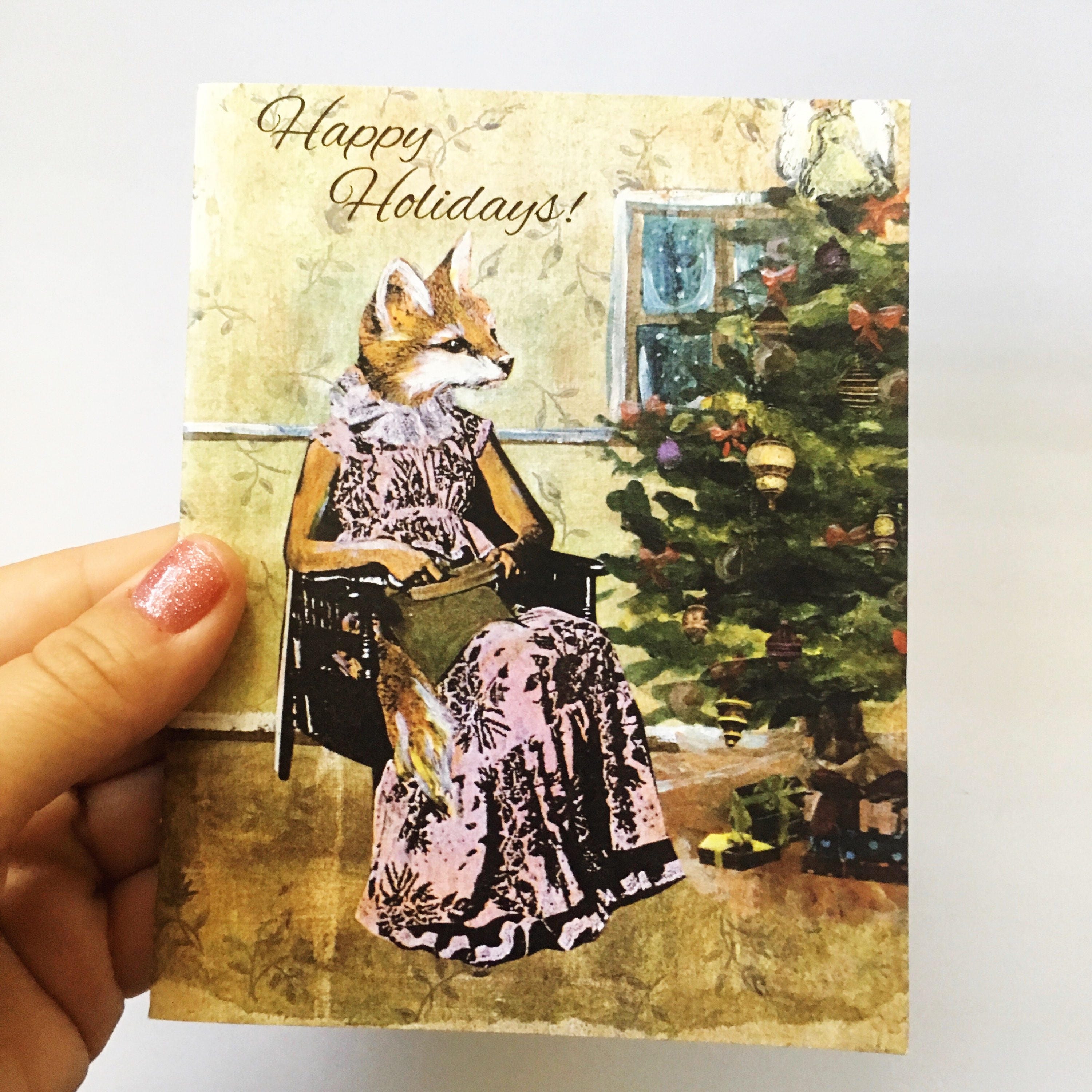 Fox Holiday Card or Card Set | Weird Christmas Happy Holidays | Retro Holiday Card | Unique Holiday Stationery Set | Fancy Animals Card - Thumbnail 3