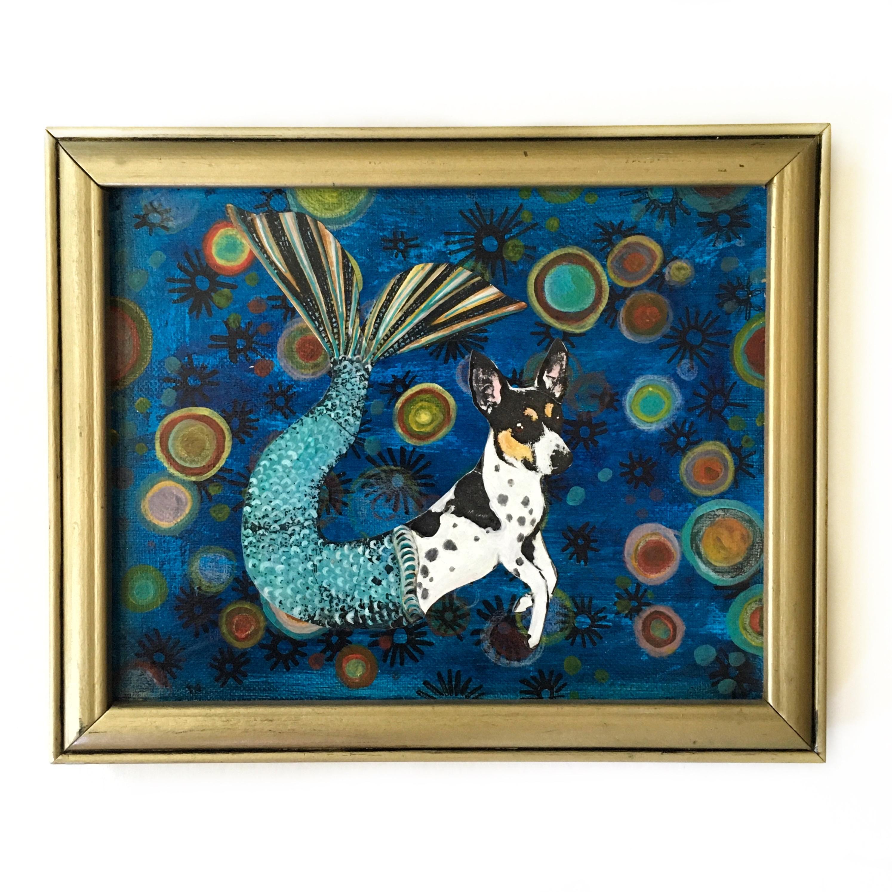 Mermaid Dog Painting, Mermaid Painting, Original Mixed Media Weird Dog Mermaid Art Collage on Canvas 8x10" Dog Memorial Rat Terrier Wall Art